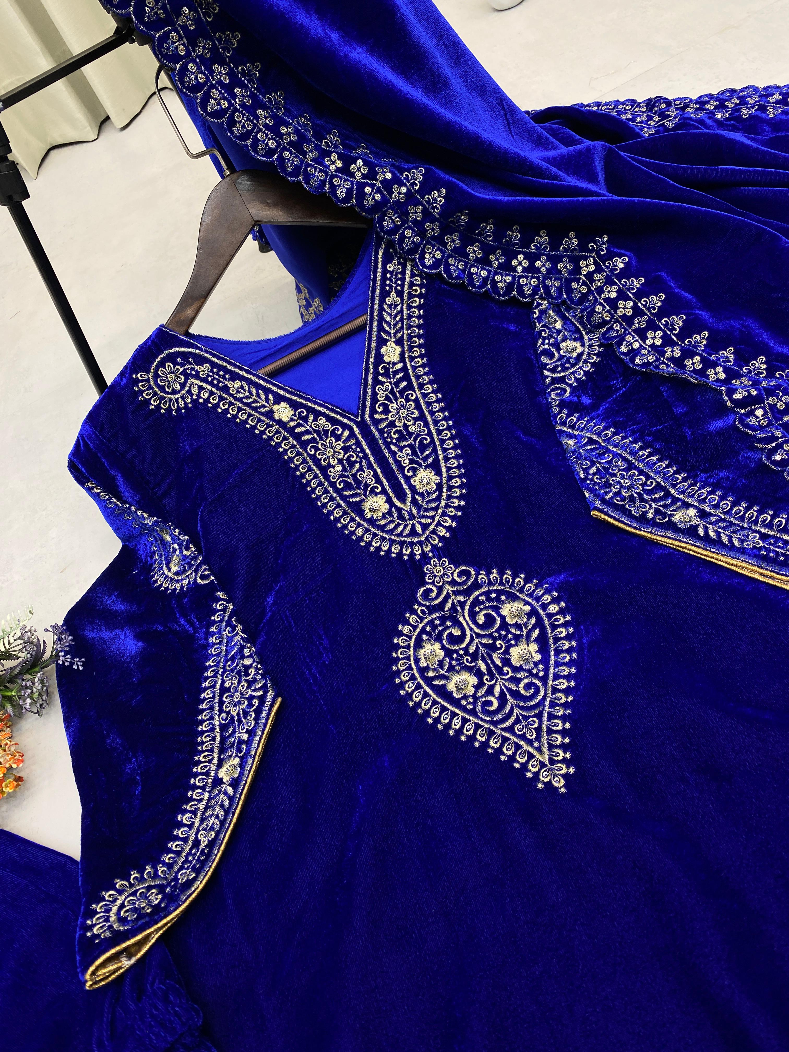 Ceremony Wear Royal Blue Color Velvet With Embroidery Sequence Work And Piping On Sleeves Designer Salwar Suit