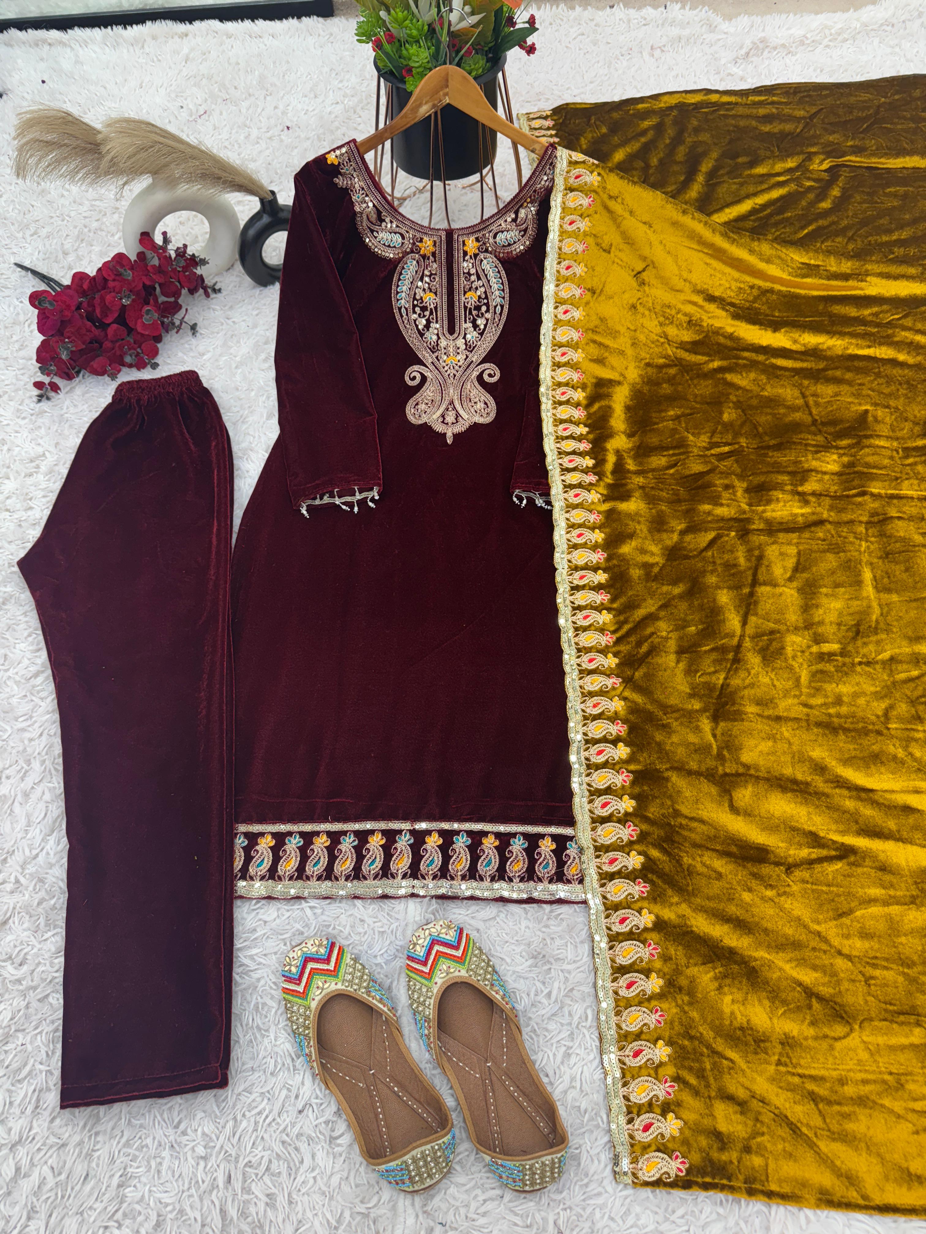 Beautiful Designer Heavy Viscose Velvet With Heavy Embroidery Sequence Work Maroon Color With Golden Dupatta Velvet Suit