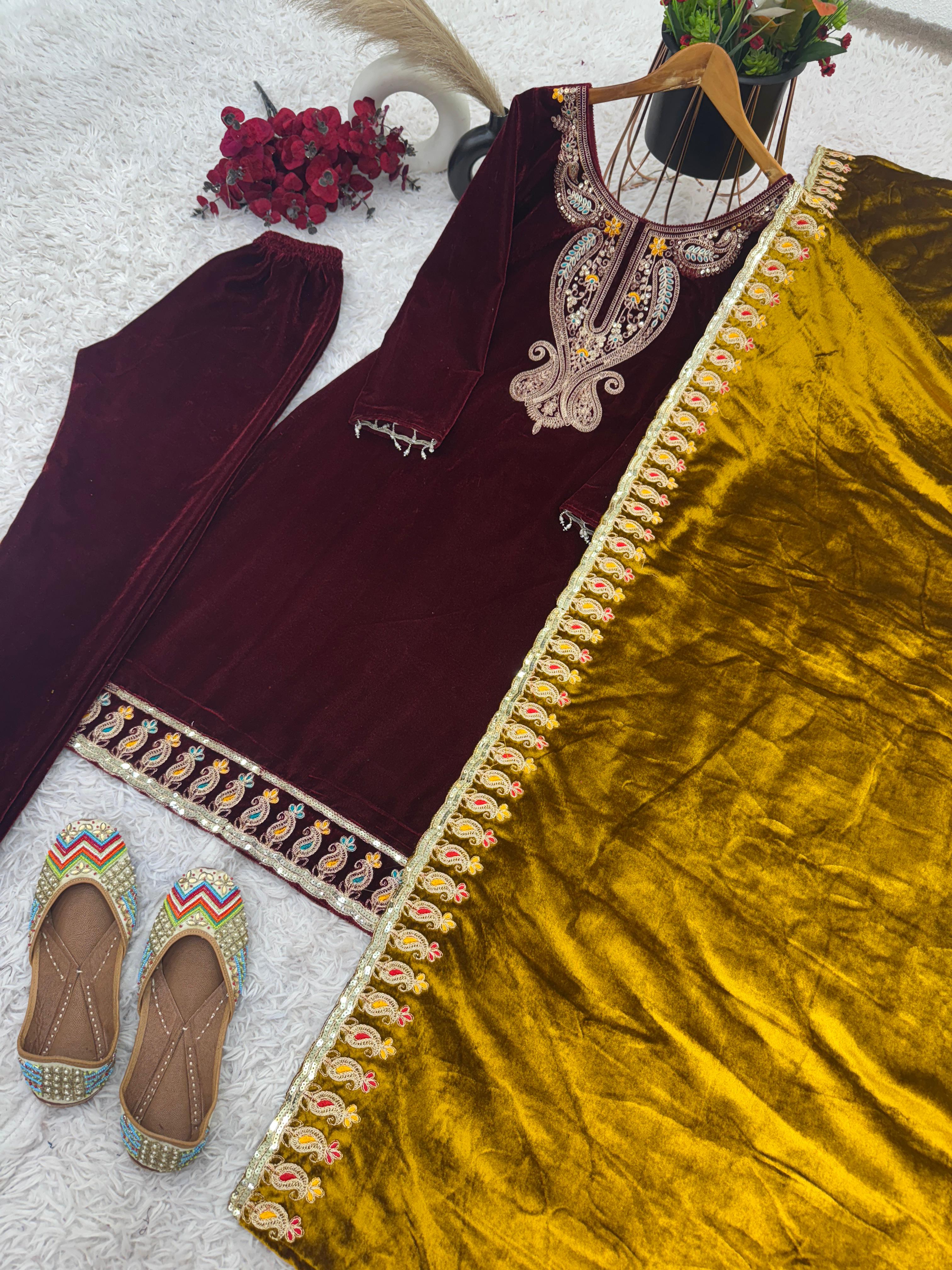 Beautiful Designer Heavy Viscose Velvet With Heavy Embroidery Sequence Work Maroon Color With Golden Dupatta Velvet Suit