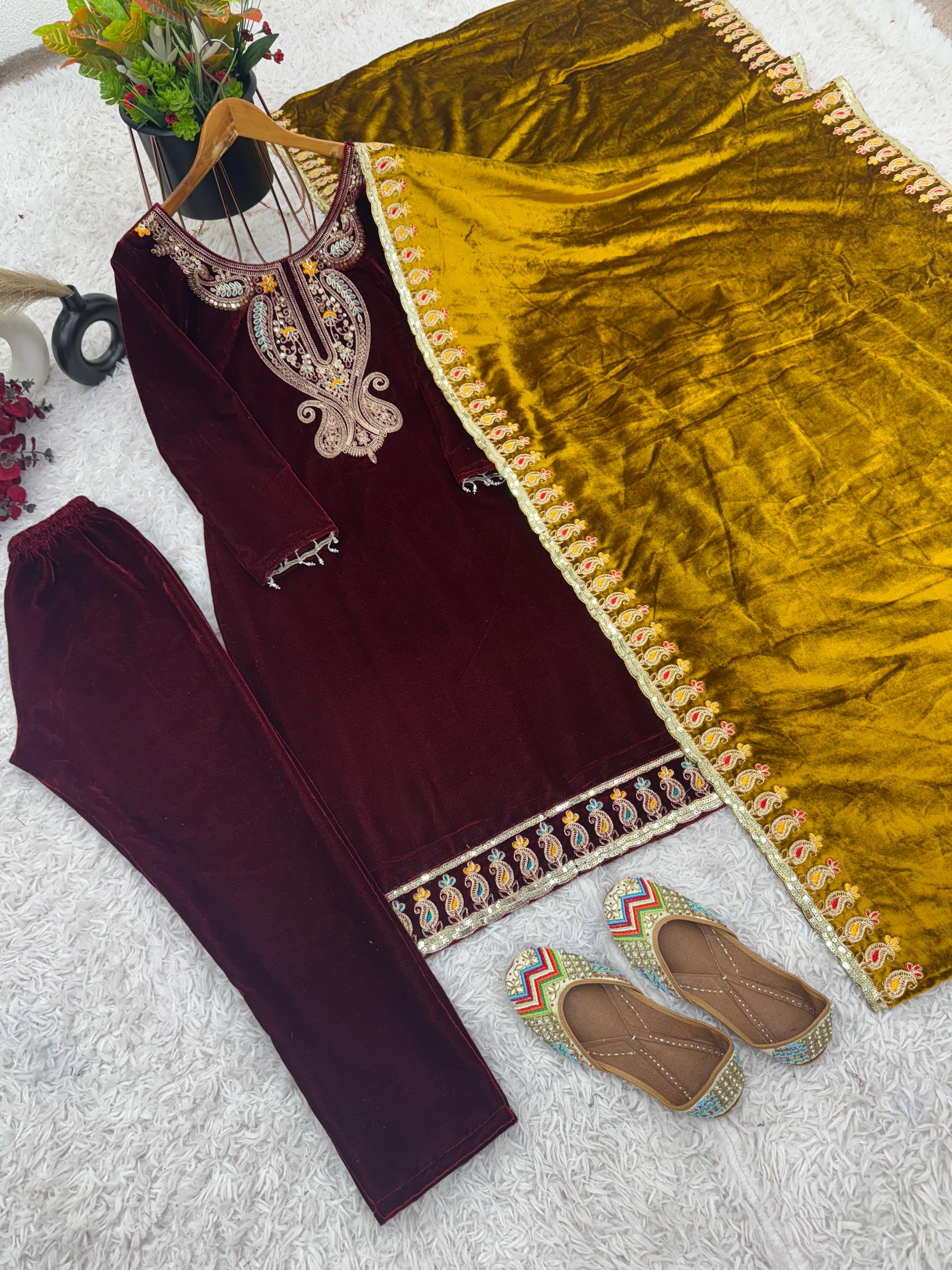 Beautiful Designer Heavy Viscose Velvet With Heavy Embroidery Sequence Work Maroon Color With Golden Dupatta Velvet Suit