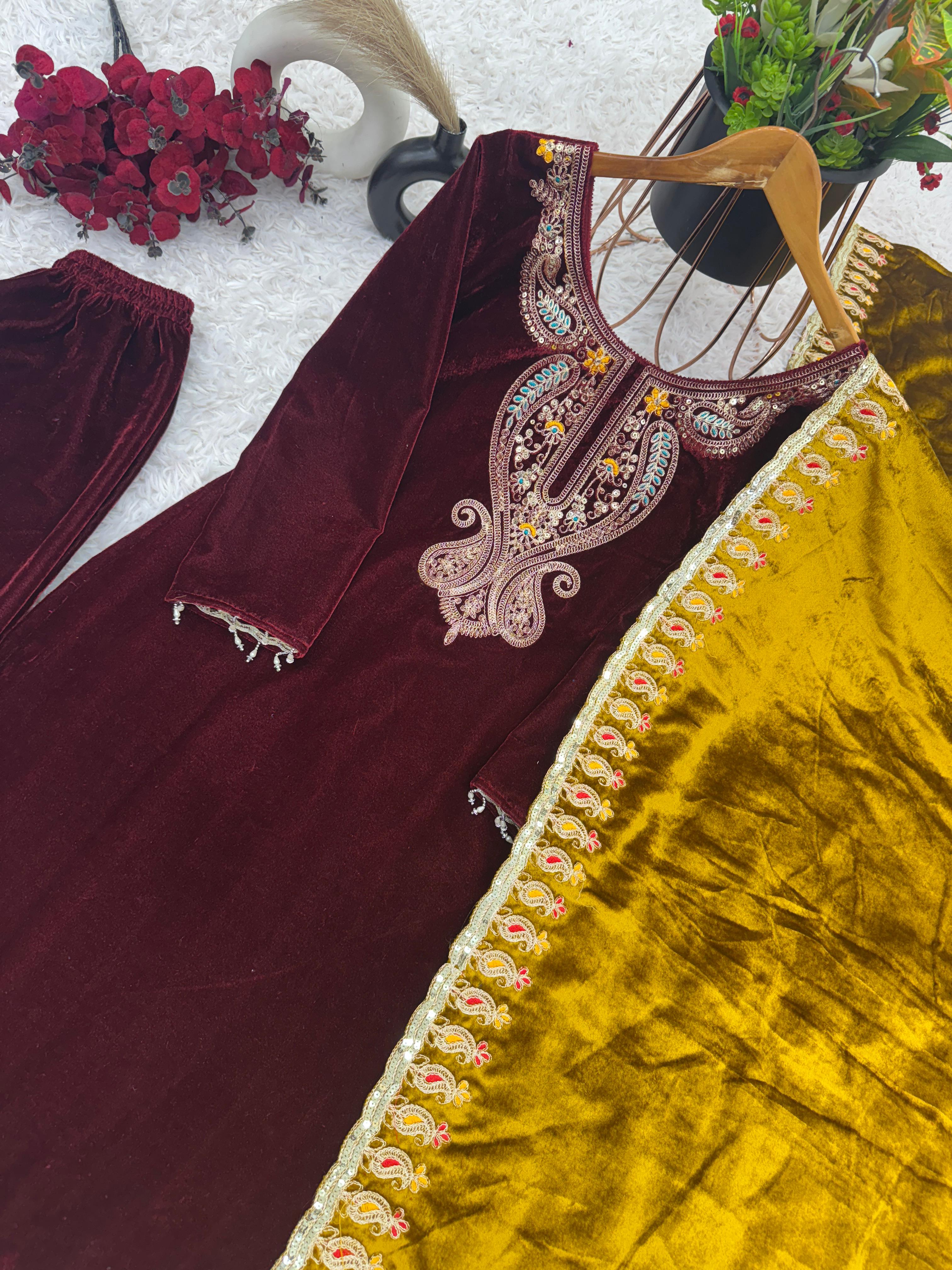 Beautiful Designer Heavy Viscose Velvet With Heavy Embroidery Sequence Work Maroon Color With Golden Dupatta Velvet Suit