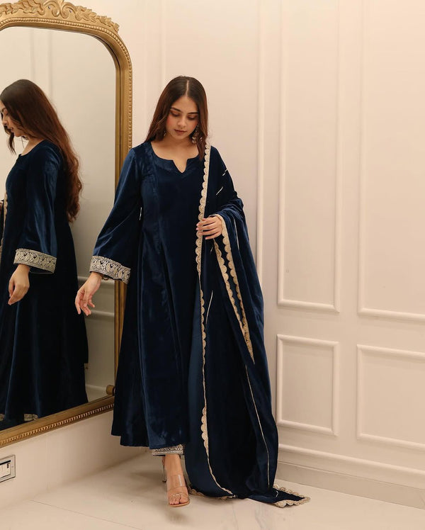 Trendy Teal Blue Color Viscous Velvet Embroidered Coding Work Anarkali Designer Gown