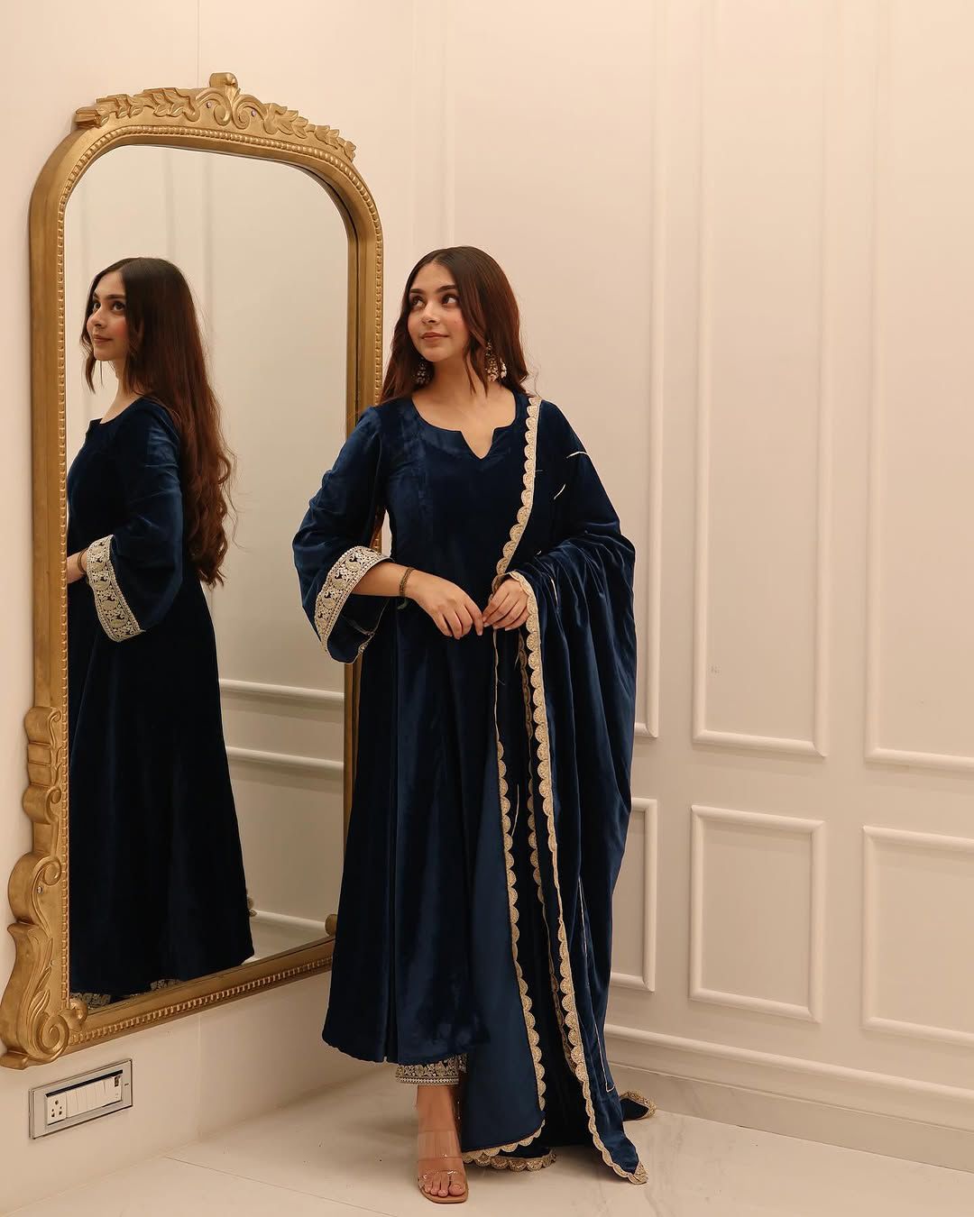 Trendy Teal Blue Color Viscous Velvet Embroidered Coding Work Anarkali Designer Gown