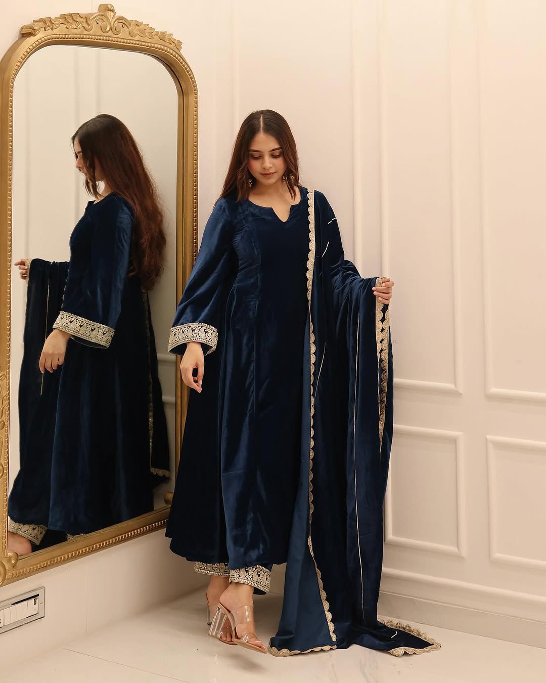 Trendy Teal Blue Color Viscous Velvet Embroidered Coding Work Anarkali Designer Gown