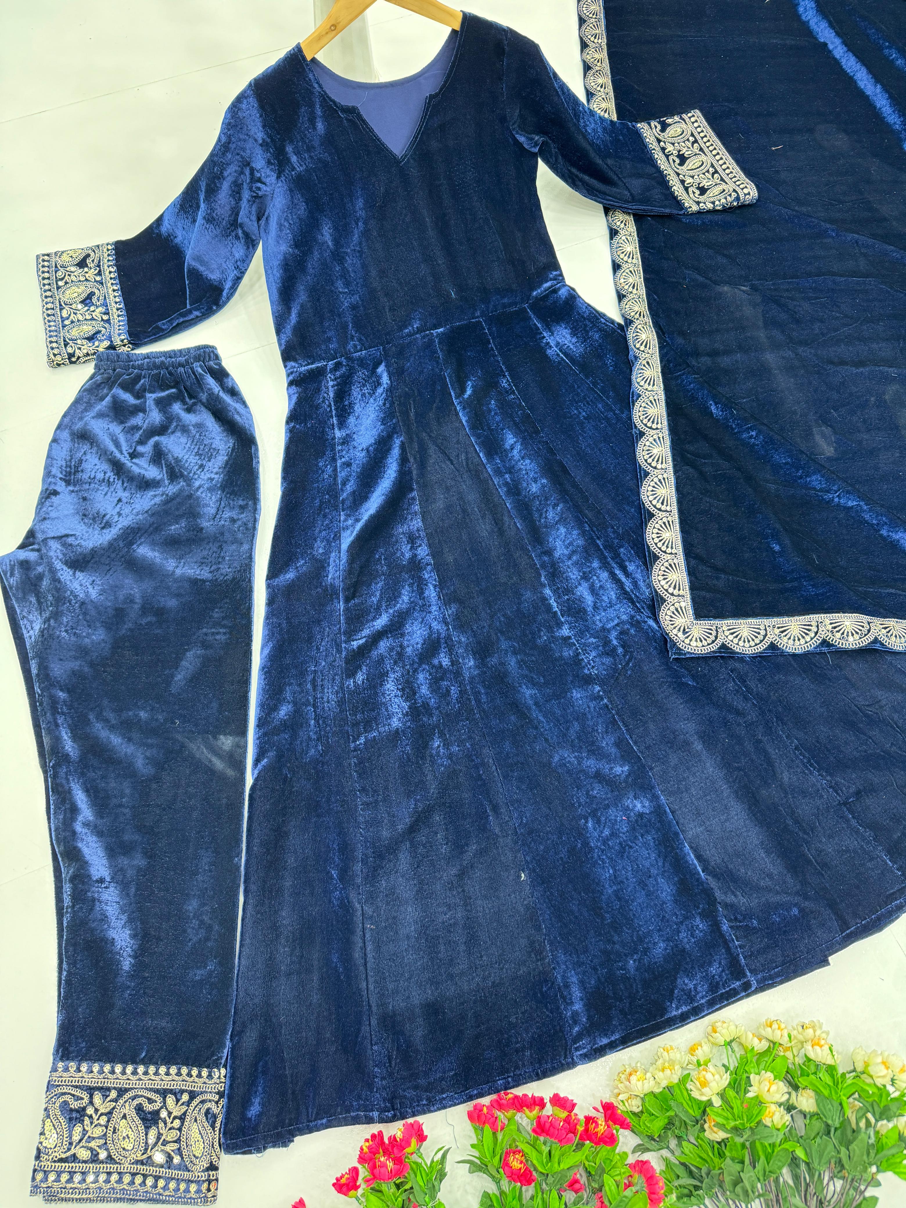 Trendy Teal Blue Color Viscous Velvet Embroidered Coding Work Anarkali Designer Gown