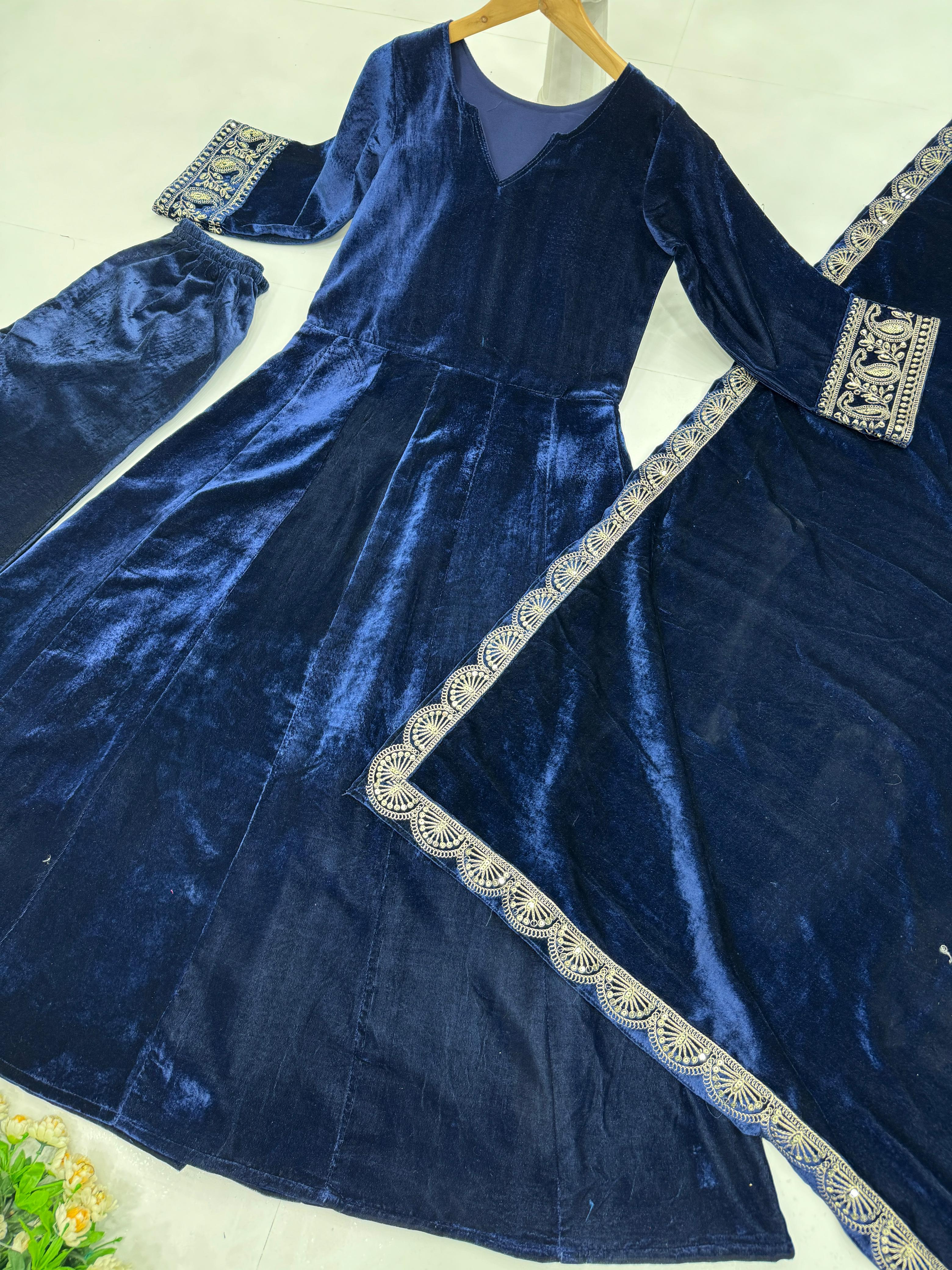 Trendy Teal Blue Color Viscous Velvet Embroidered Coding Work Anarkali Designer Gown