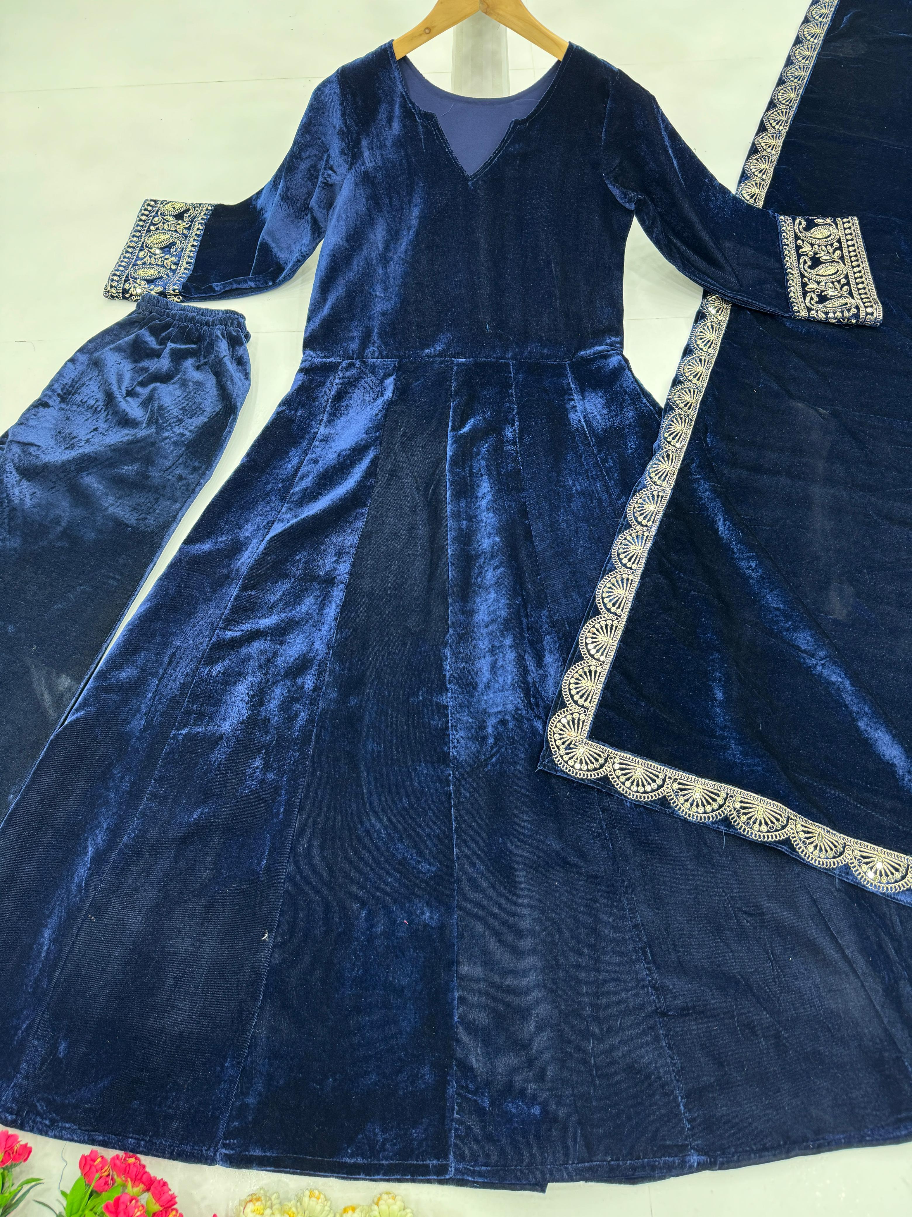 Trendy Teal Blue Color Viscous Velvet Embroidered Coding Work Anarkali Designer Gown