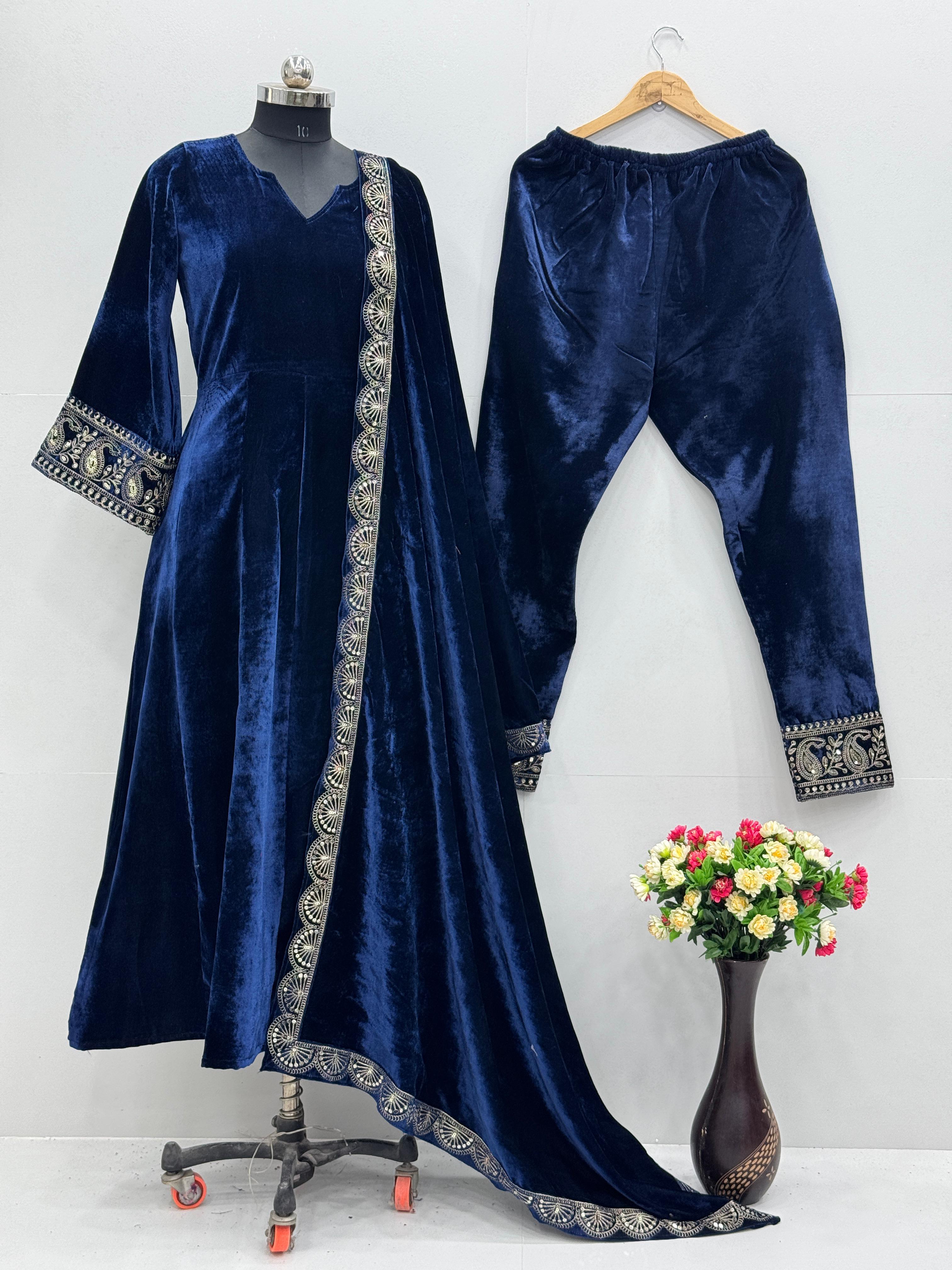 Trendy Teal Blue Color Viscous Velvet Embroidered Coding Work Anarkali Designer Gown