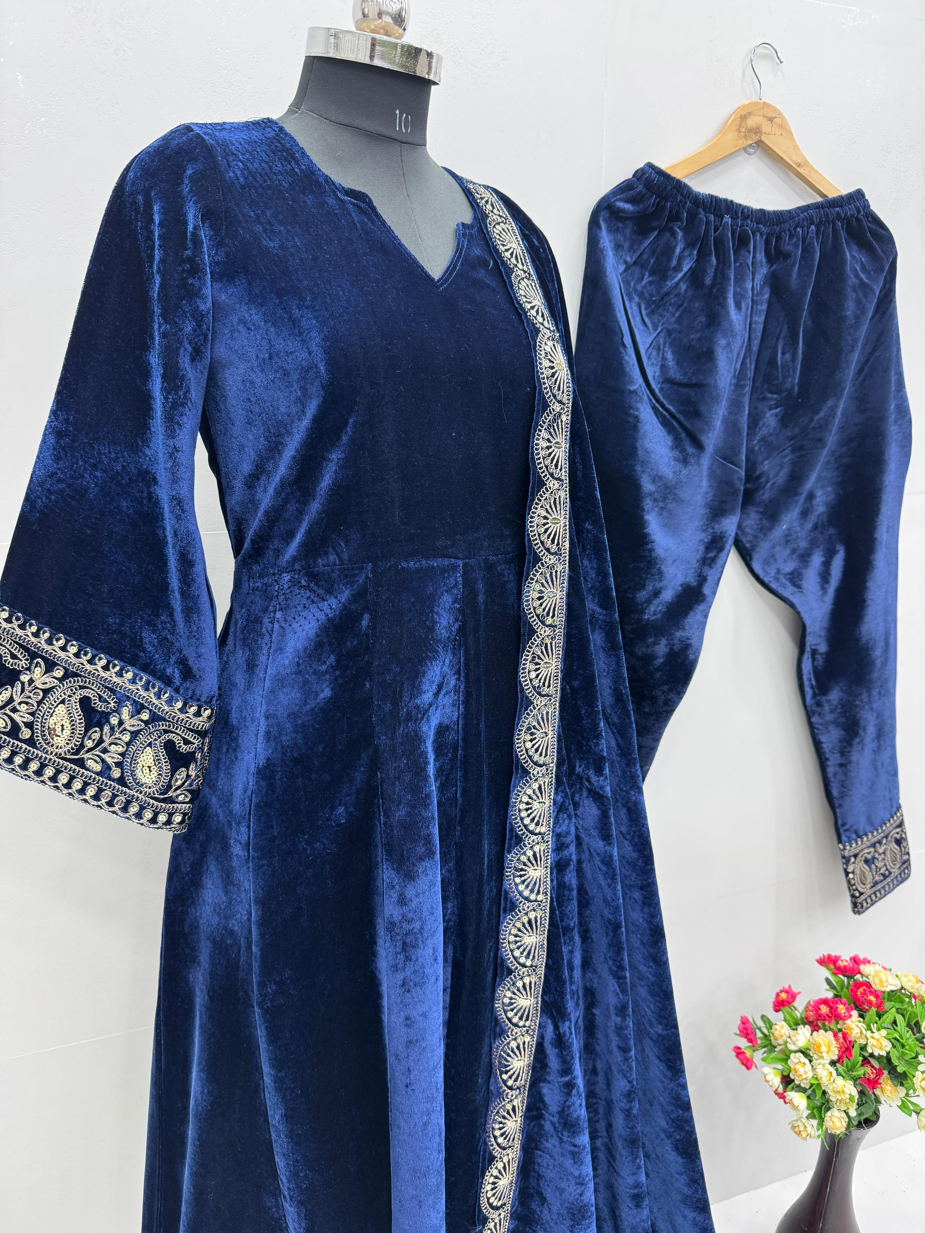 Trendy Teal Blue Color Viscous Velvet Embroidered Coding Work Anarkali Designer Gown