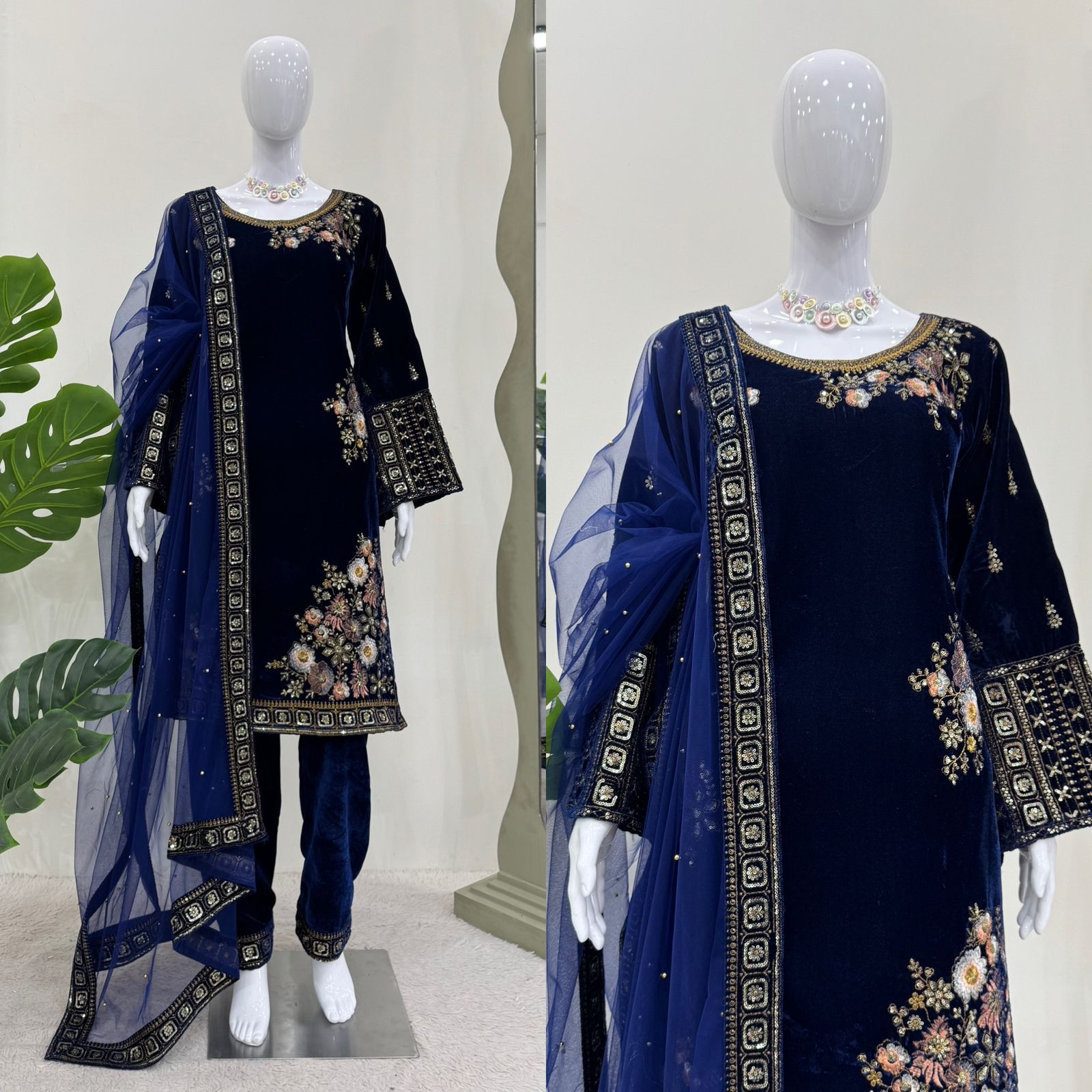 Captivating Navy Blue Color Heavy Viscose Velvet With Thread And Sequence Work Salwar Suit