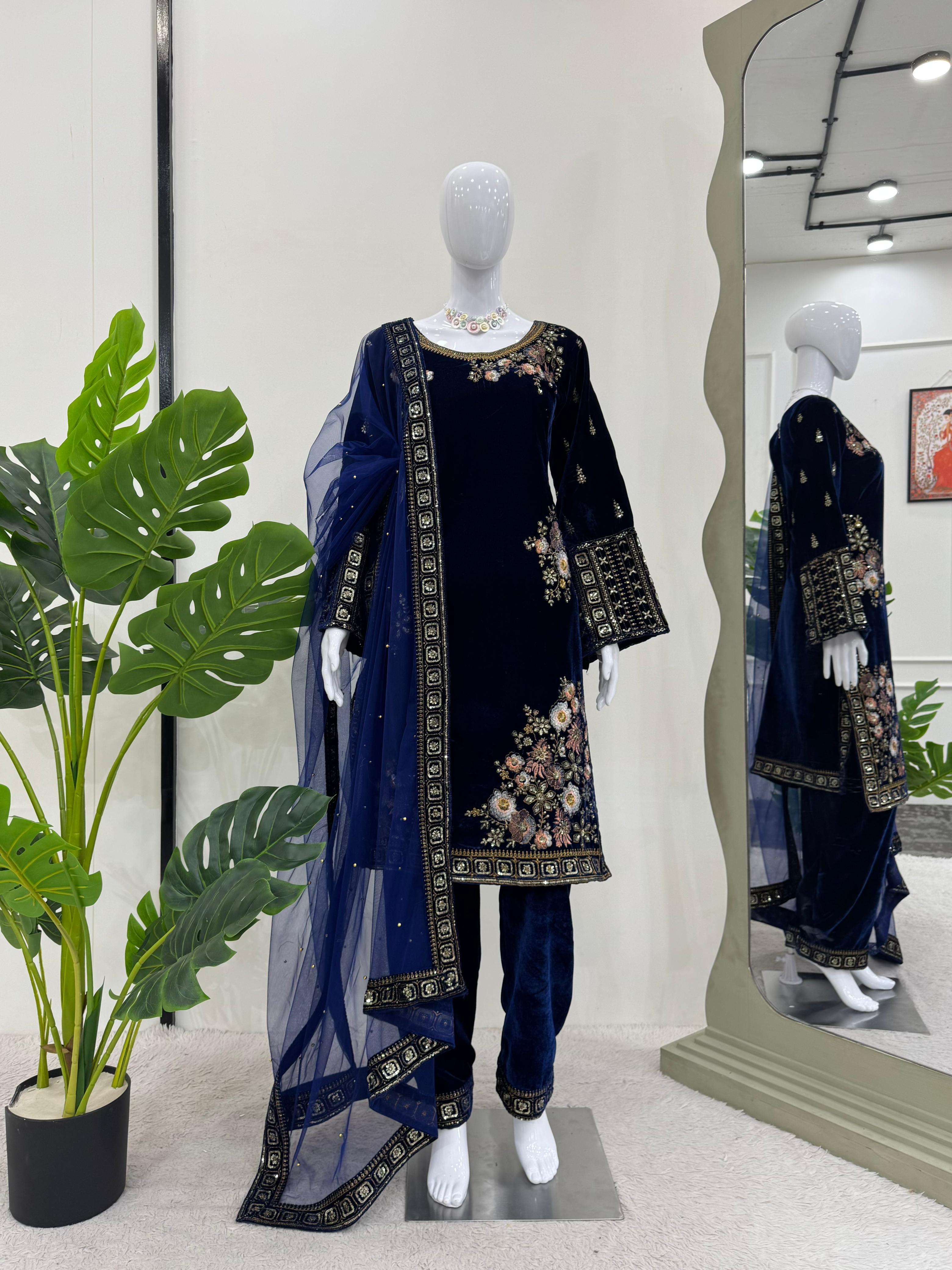 Captivating Navy Blue Color Heavy Viscose Velvet With Thread And Sequence Work Salwar Suit