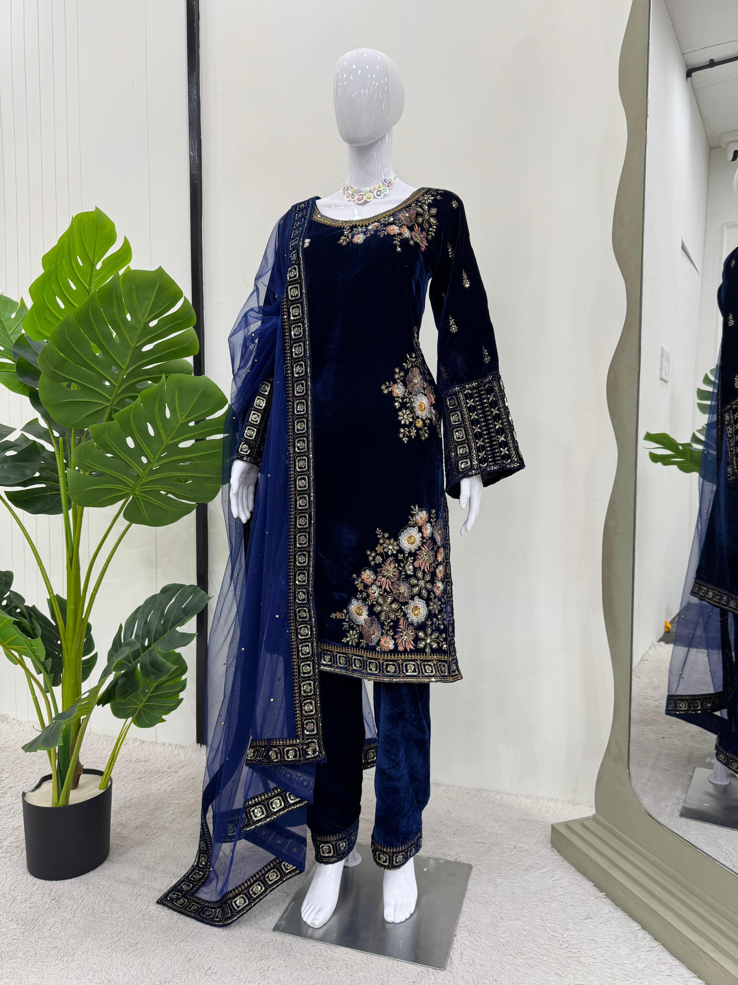 Captivating Navy Blue Color Heavy Viscose Velvet With Thread And Sequence Work Salwar Suit