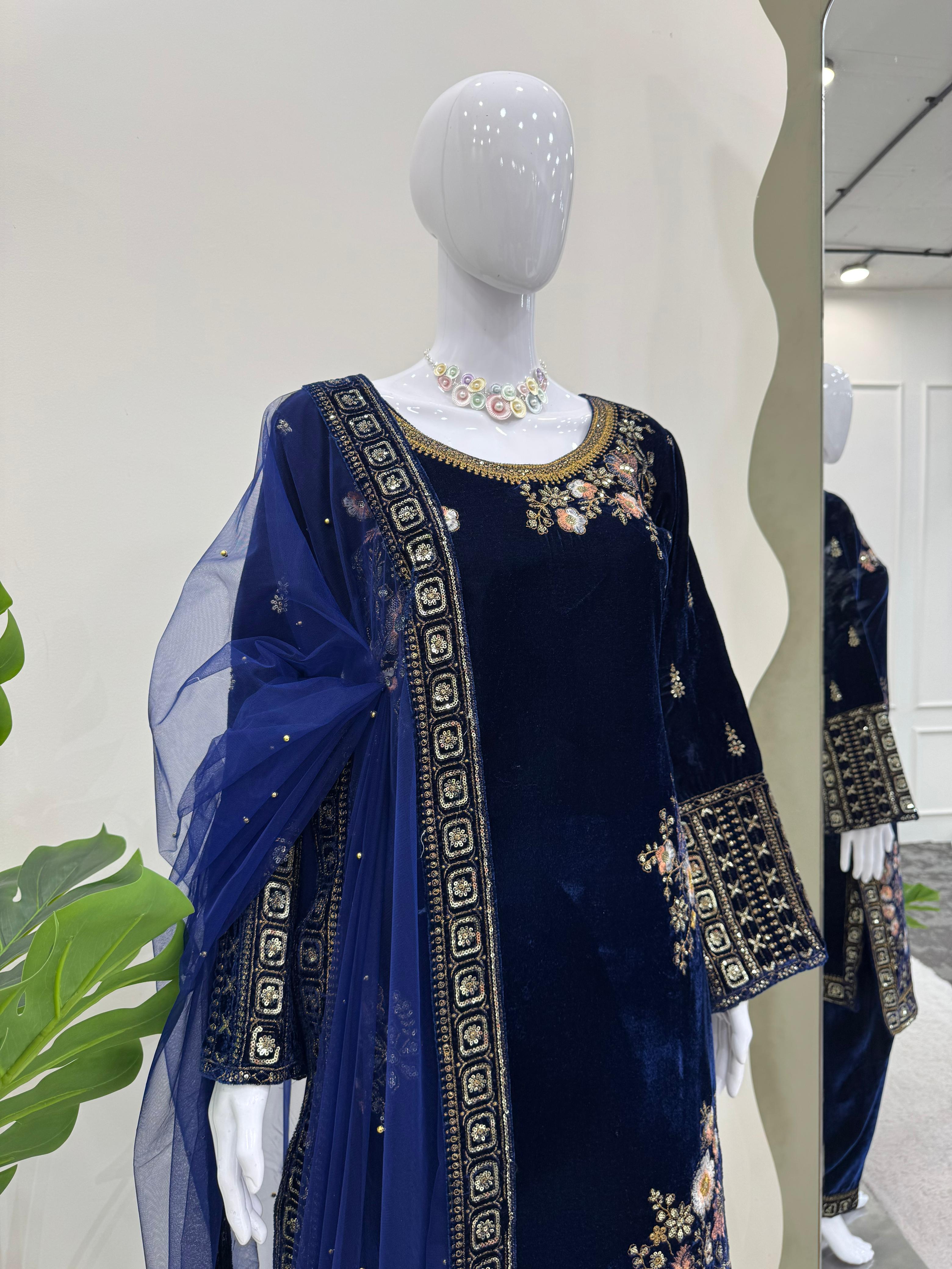 Captivating Navy Blue Color Heavy Viscose Velvet With Thread And Sequence Work Salwar Suit