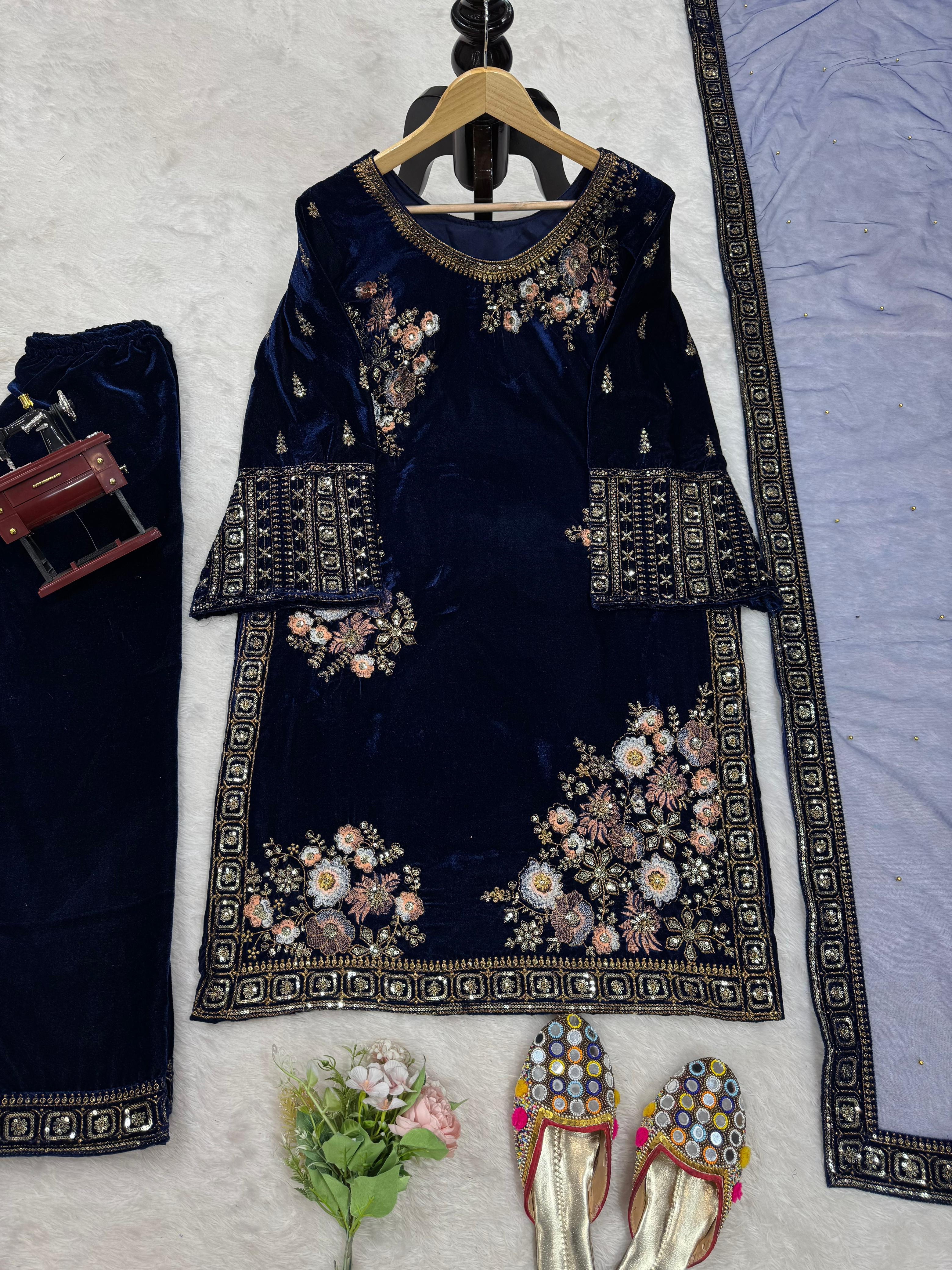 Captivating Navy Blue Color Heavy Viscose Velvet With Thread And Sequence Work Salwar Suit