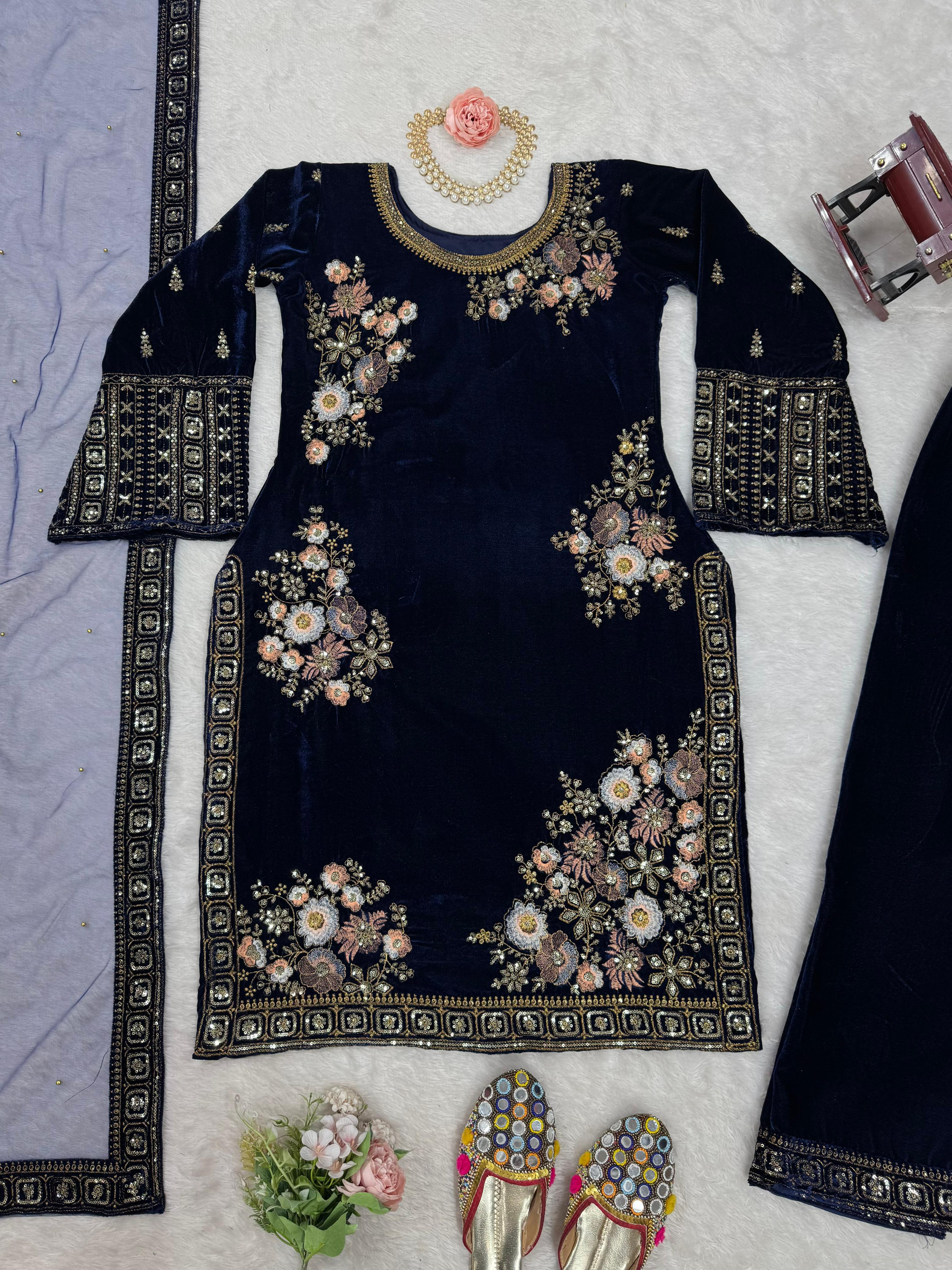 Captivating Navy Blue Color Heavy Viscose Velvet With Thread And Sequence Work Salwar Suit