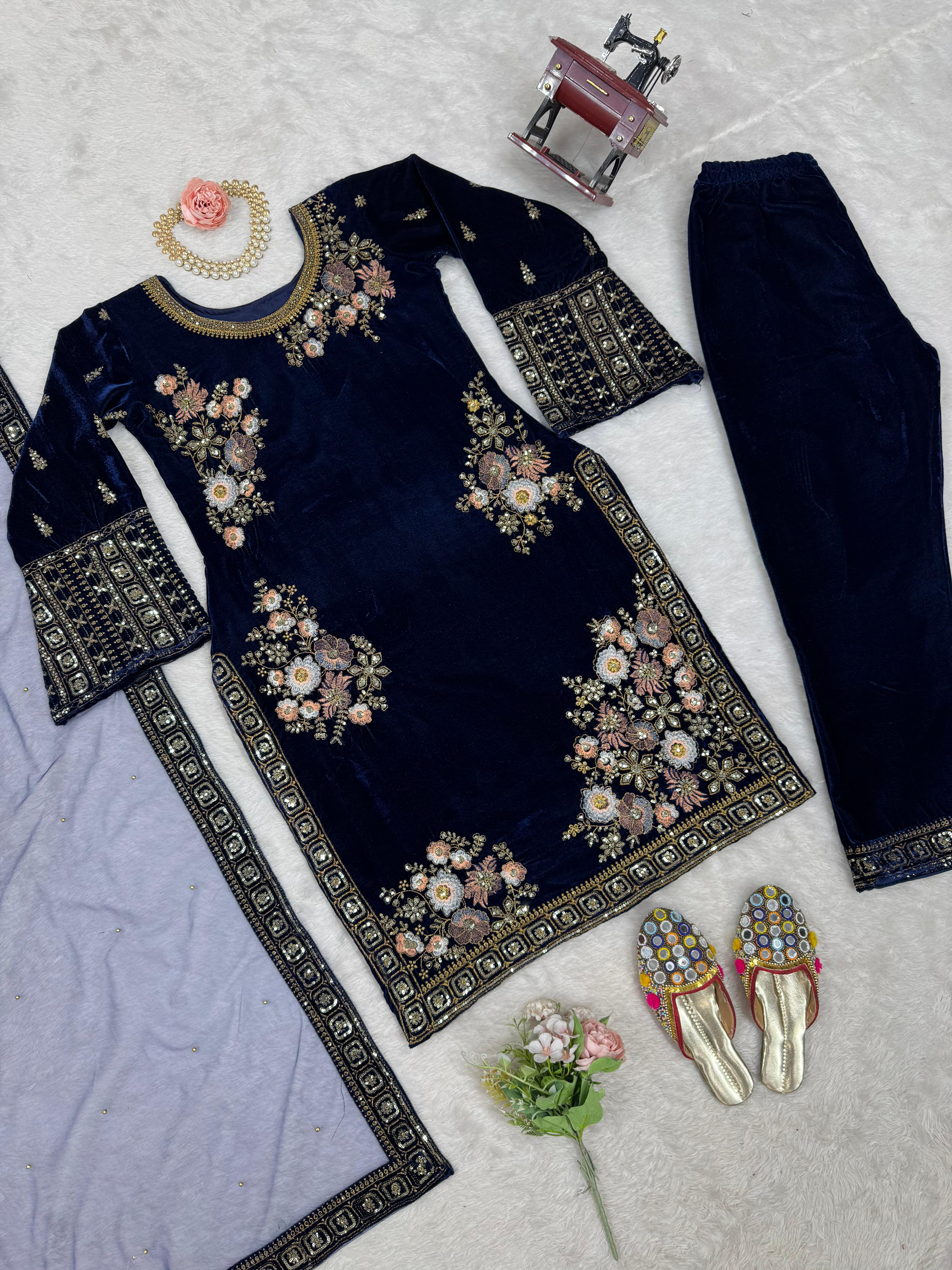 Captivating Navy Blue Color Heavy Viscose Velvet With Thread And Sequence Work Salwar Suit