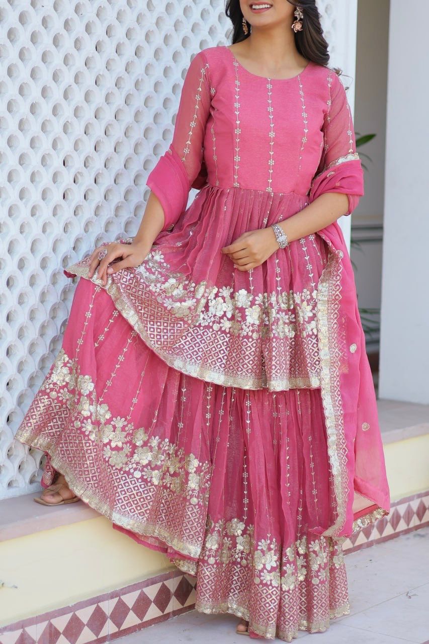Fancy Baby Pink Color Pure Simmar With Heavy 3mm Sequence Work Beautiful Sharara Suit