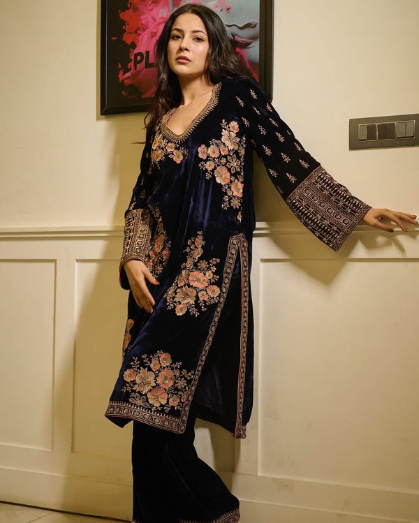 Trendy Navy Blue Pure Heavy Viscose Velvet With Heavy Embroidery Sequence Work Salwar Suit