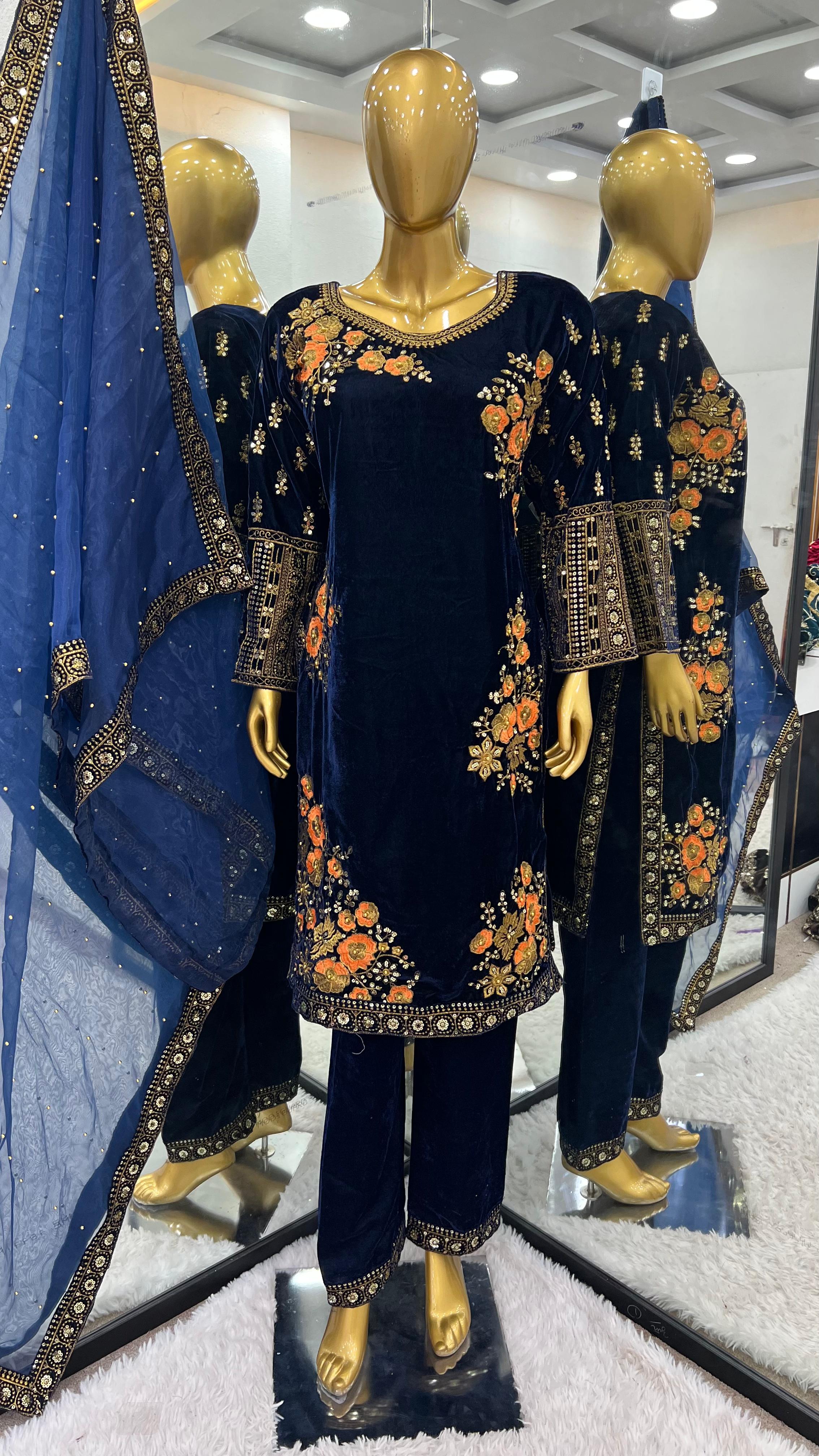 Trendy Navy Blue Pure Heavy Viscose Velvet With Heavy Embroidery Sequence Work Salwar Suit