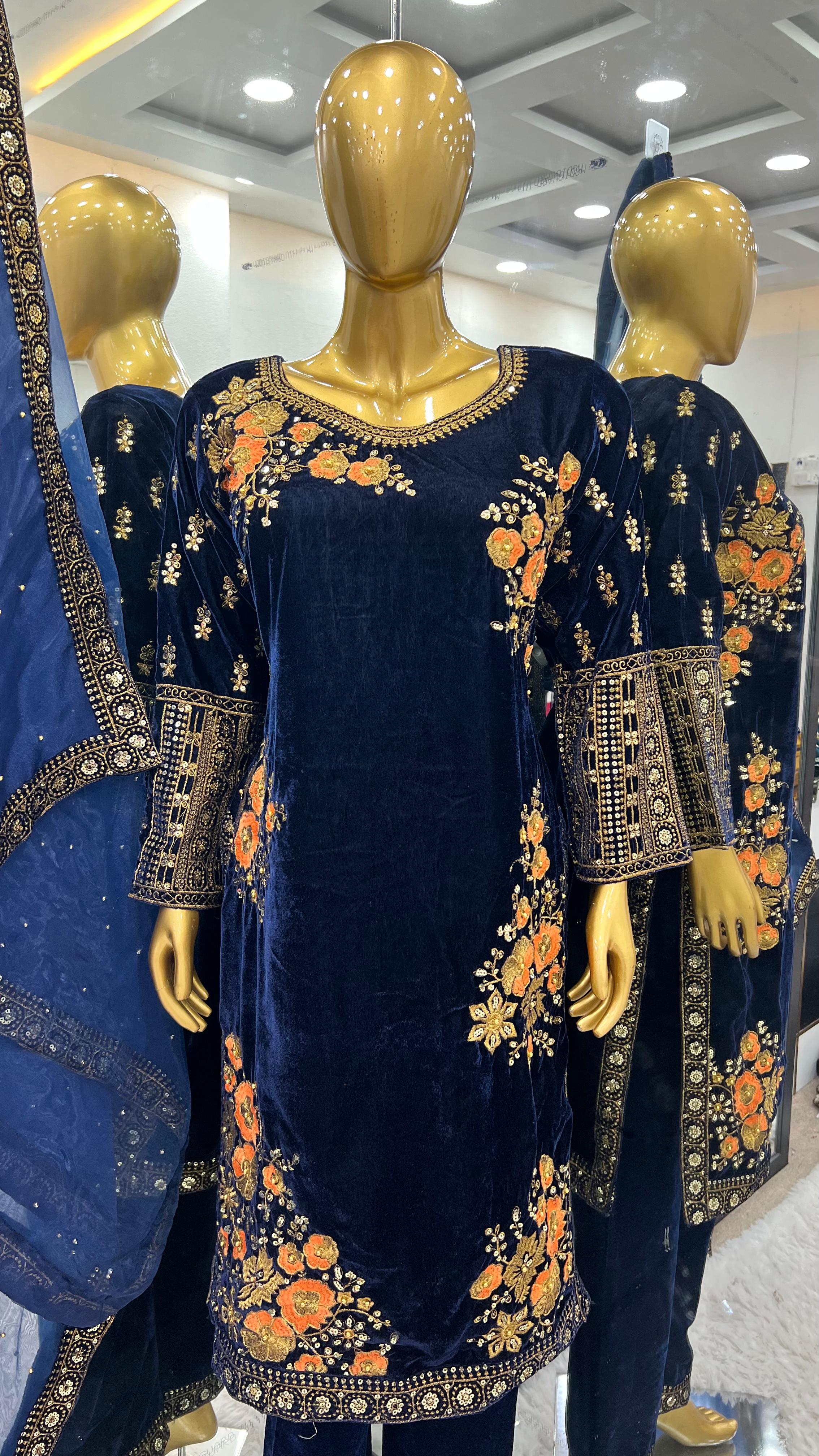 Trendy Navy Blue Pure Heavy Viscose Velvet With Heavy Embroidery Sequence Work Salwar Suit