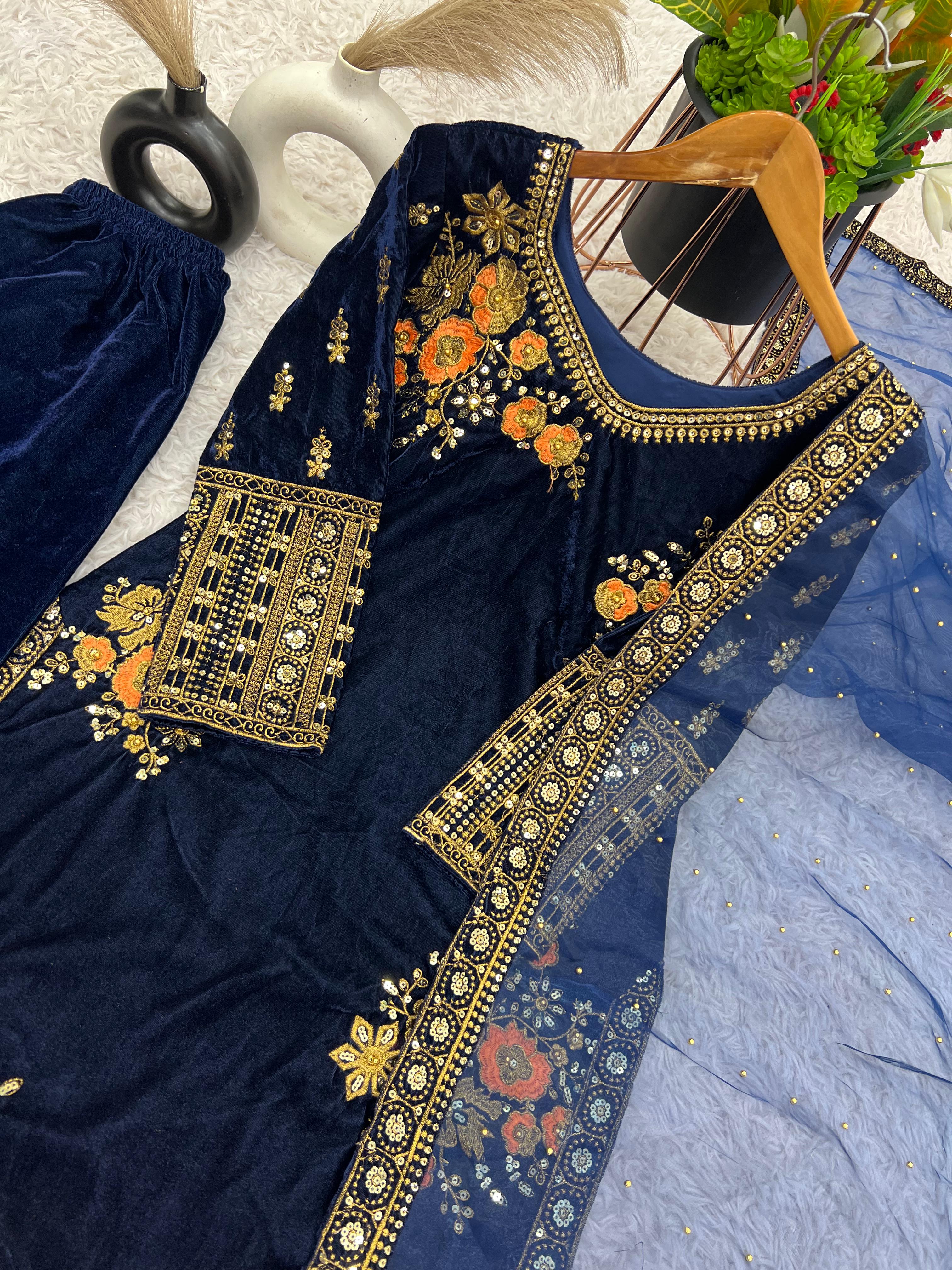 Trendy Navy Blue Pure Heavy Viscose Velvet With Heavy Embroidery Sequence Work Salwar Suit