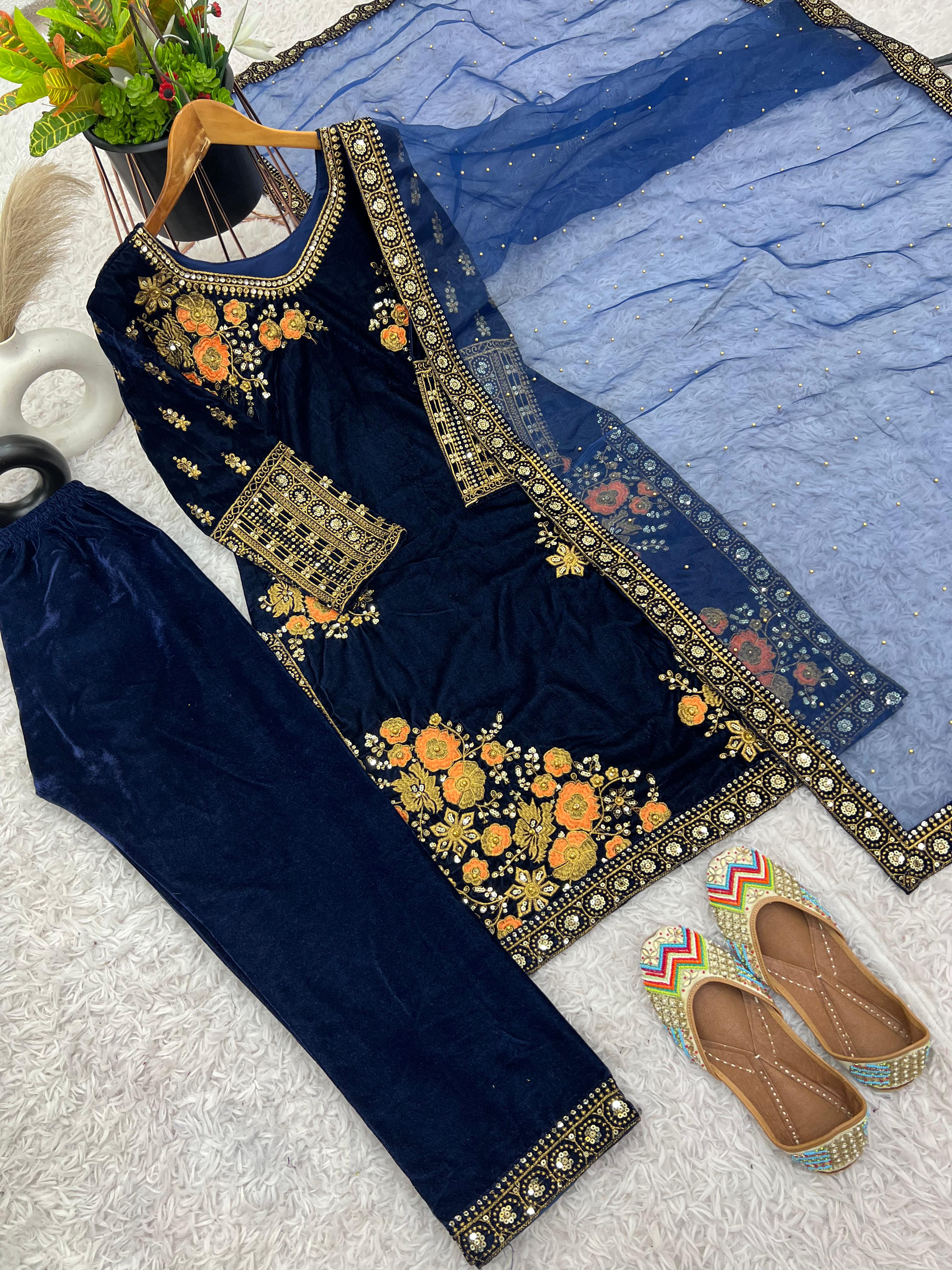 Trendy Navy Blue Pure Heavy Viscose Velvet With Heavy Embroidery Sequence Work Salwar Suit