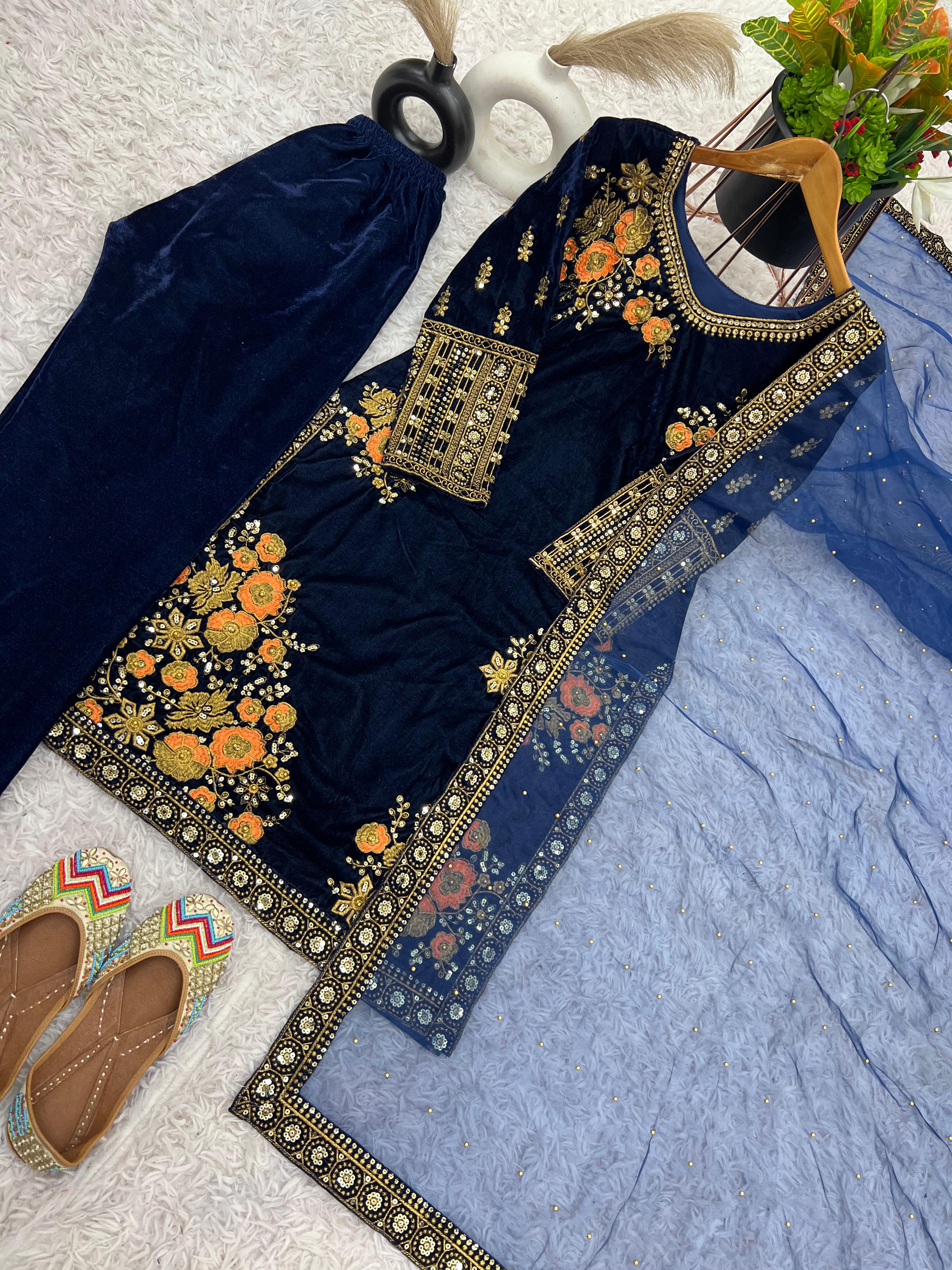Trendy Navy Blue Pure Heavy Viscose Velvet With Heavy Embroidery Sequence Work Salwar Suit