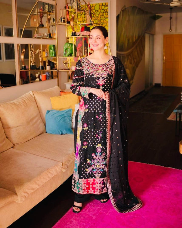 Party Wear Black Color Faux Georgette With Embroidery Sequence Designer Palazzo Suit