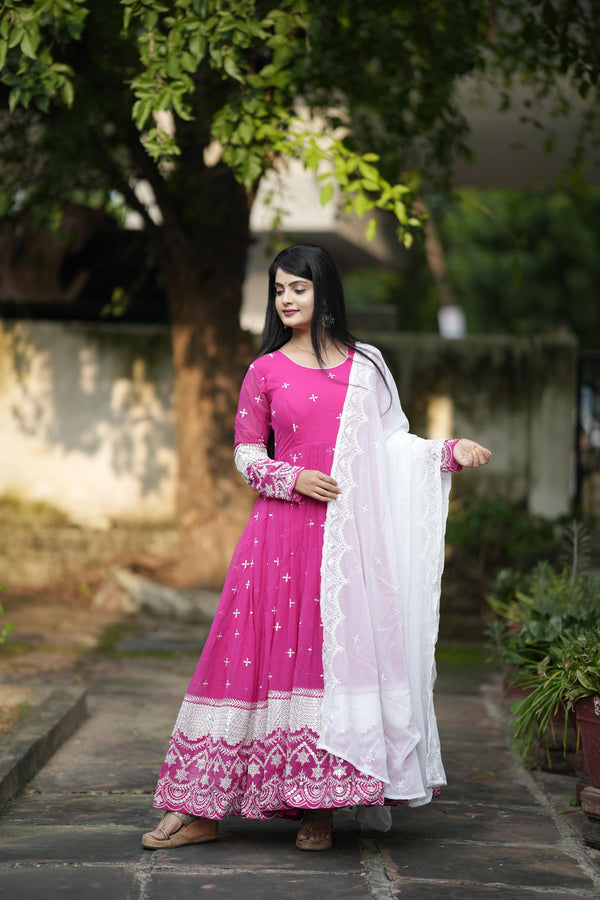 Festive Wear Pink Color Faux Georgette Fabric With All Over Embroidery Work Designer Gown