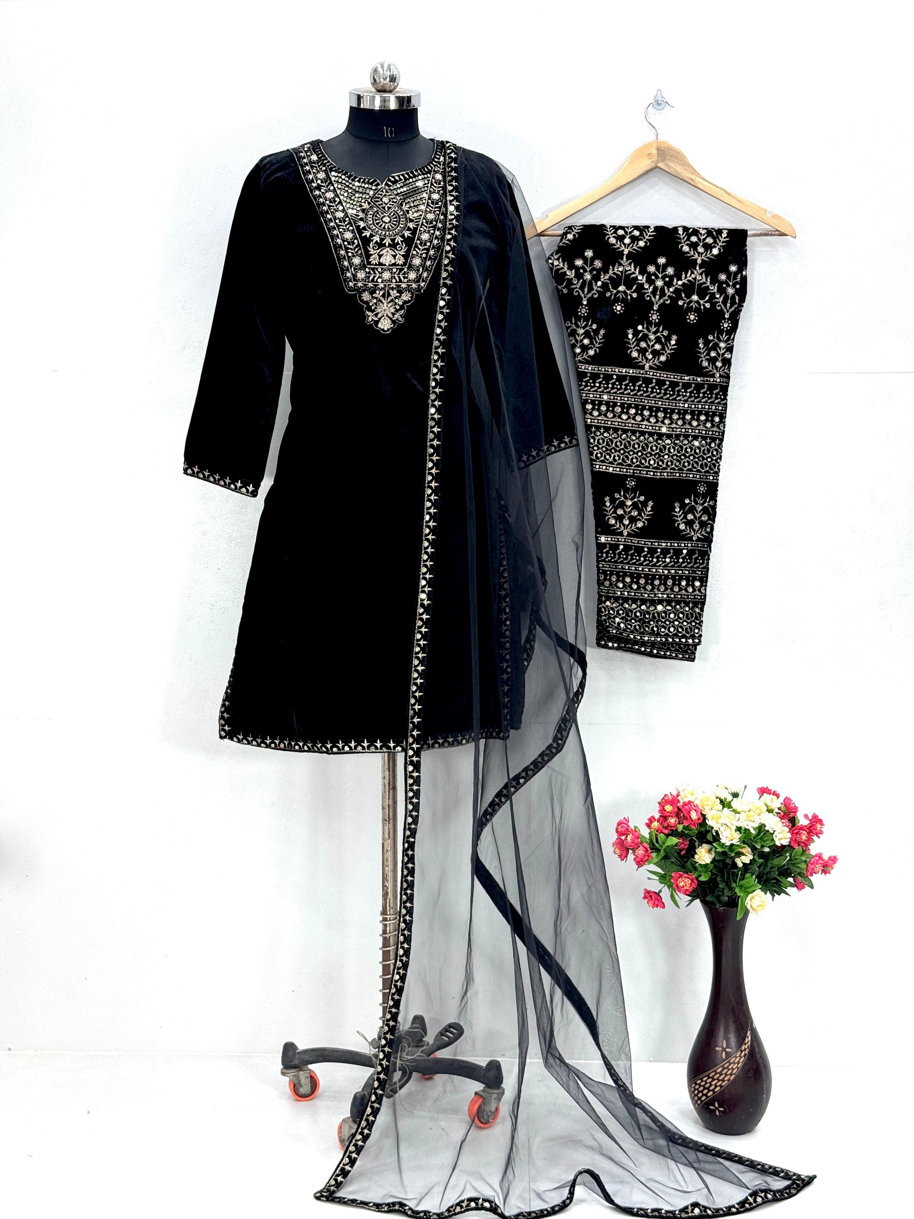 Alluring Black Color Heavy Viscose With Embroidery Sequence Work Beautiful Velvet Suit