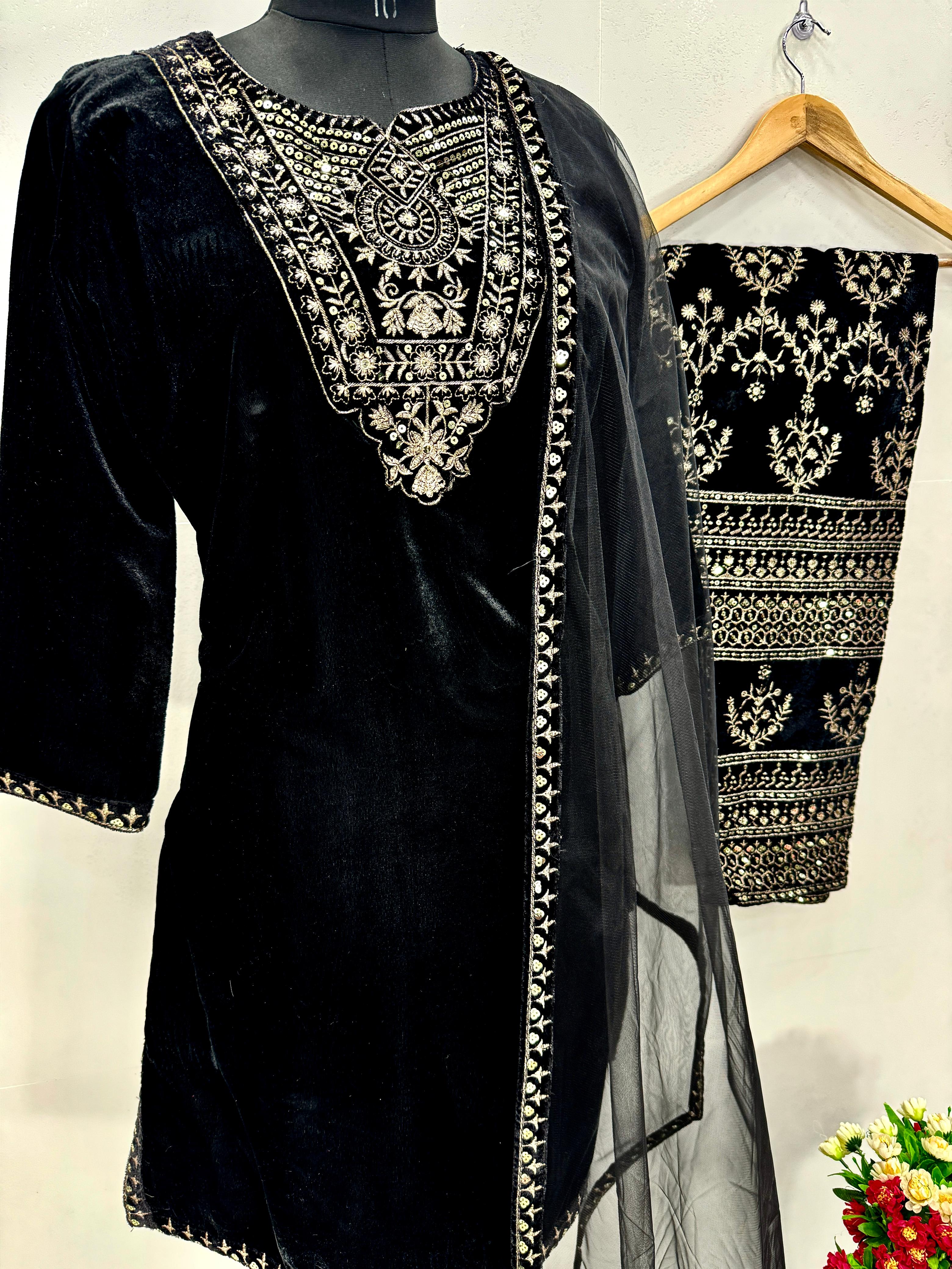 Alluring Black Color Heavy Viscose With Embroidery Sequence Work Beautiful Velvet Suit