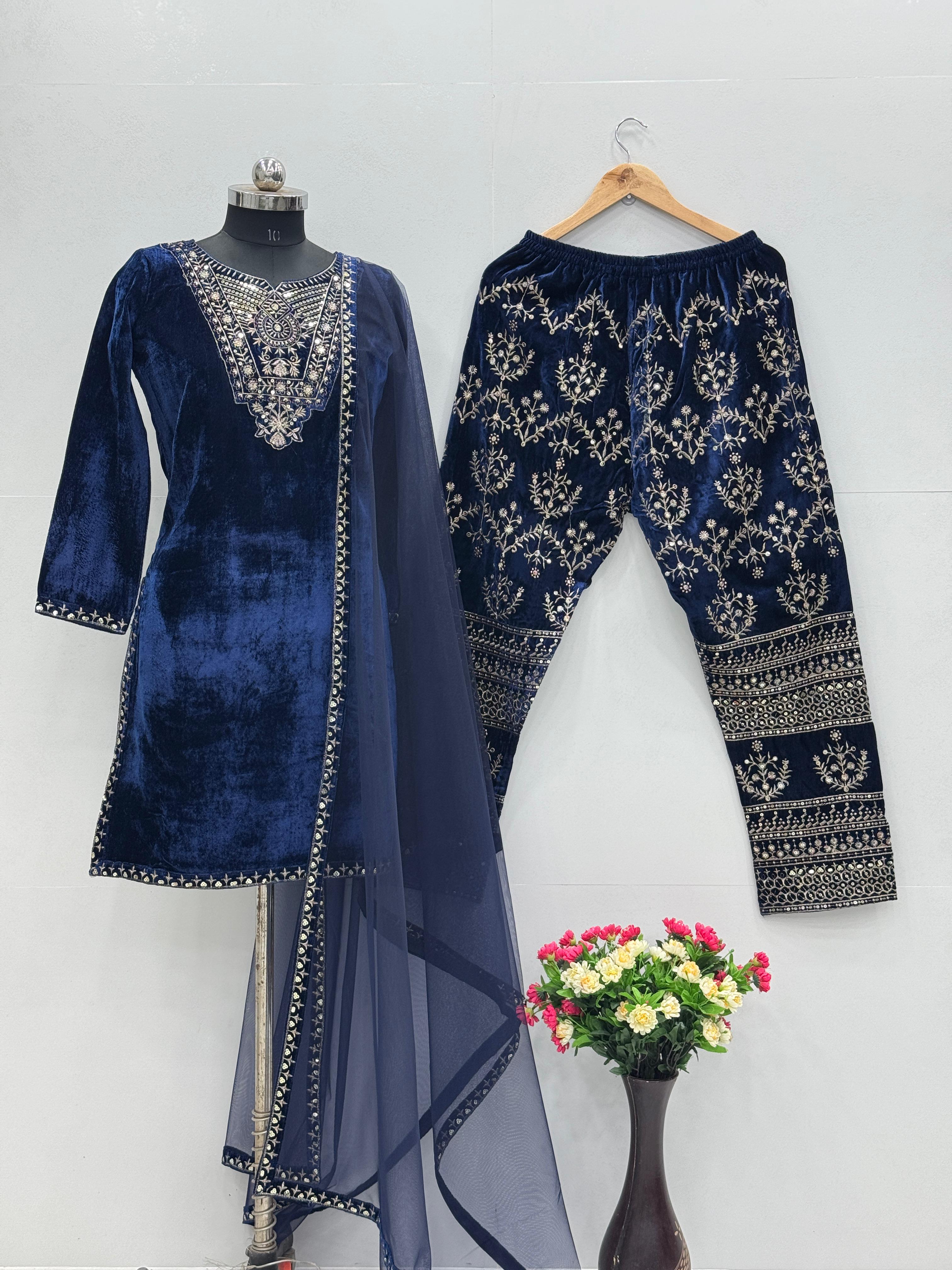 Alluring Navy Blue Color Heavy Viscose With Embroidery Sequence Work Beautiful Velvet Suit