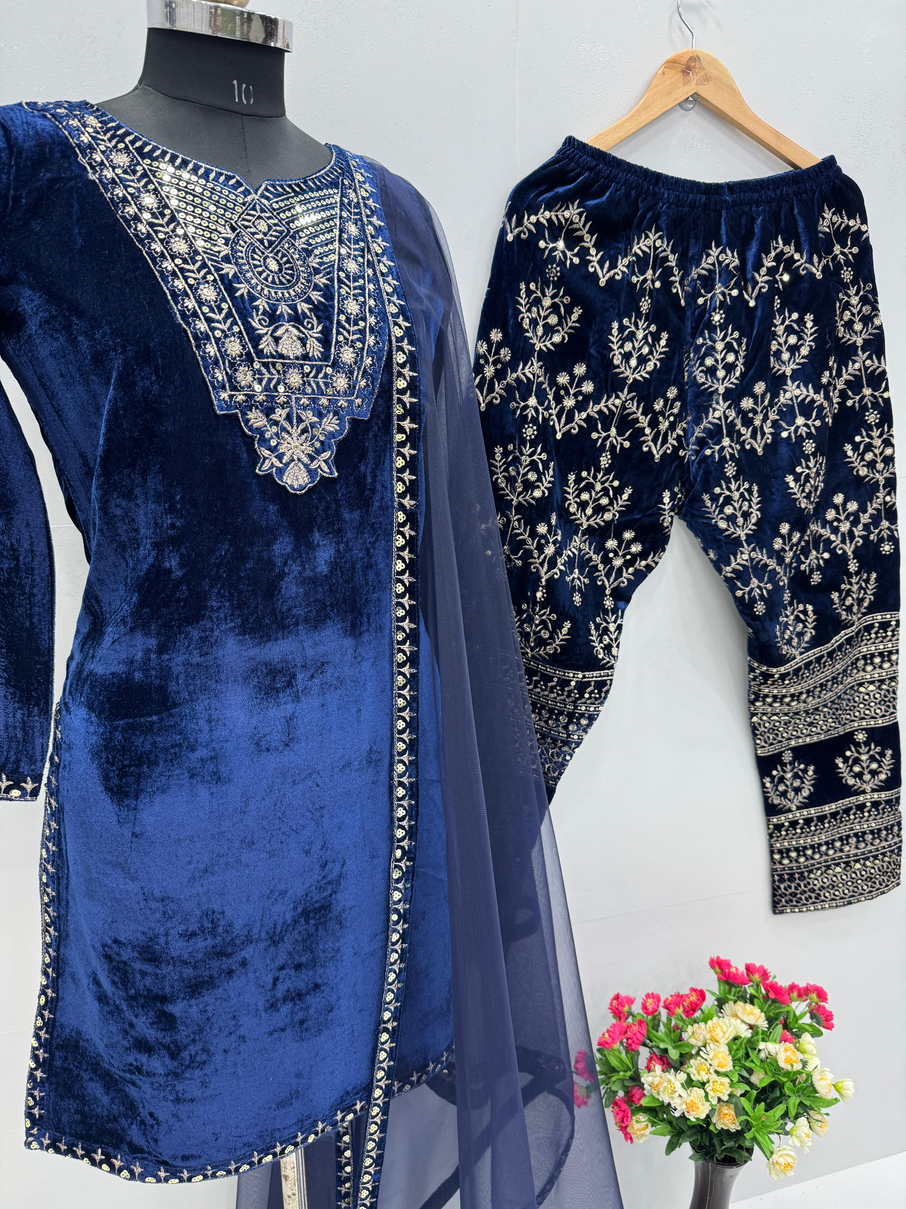 Alluring Navy Blue Color Heavy Viscose With Embroidery Sequence Work Beautiful Velvet Suit