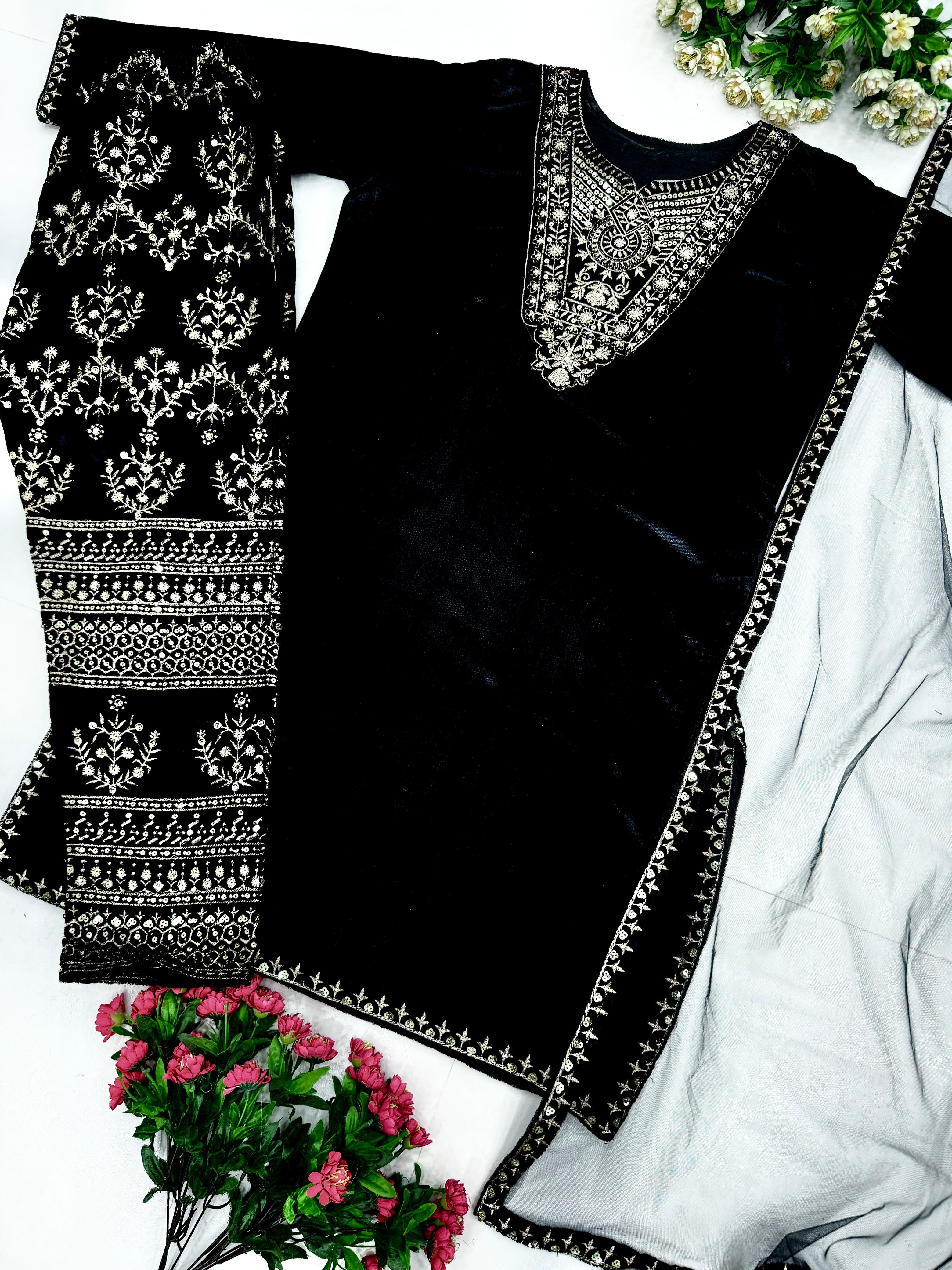 Alluring Black Color Heavy Viscose With Embroidery Sequence Work Beautiful Velvet Suit