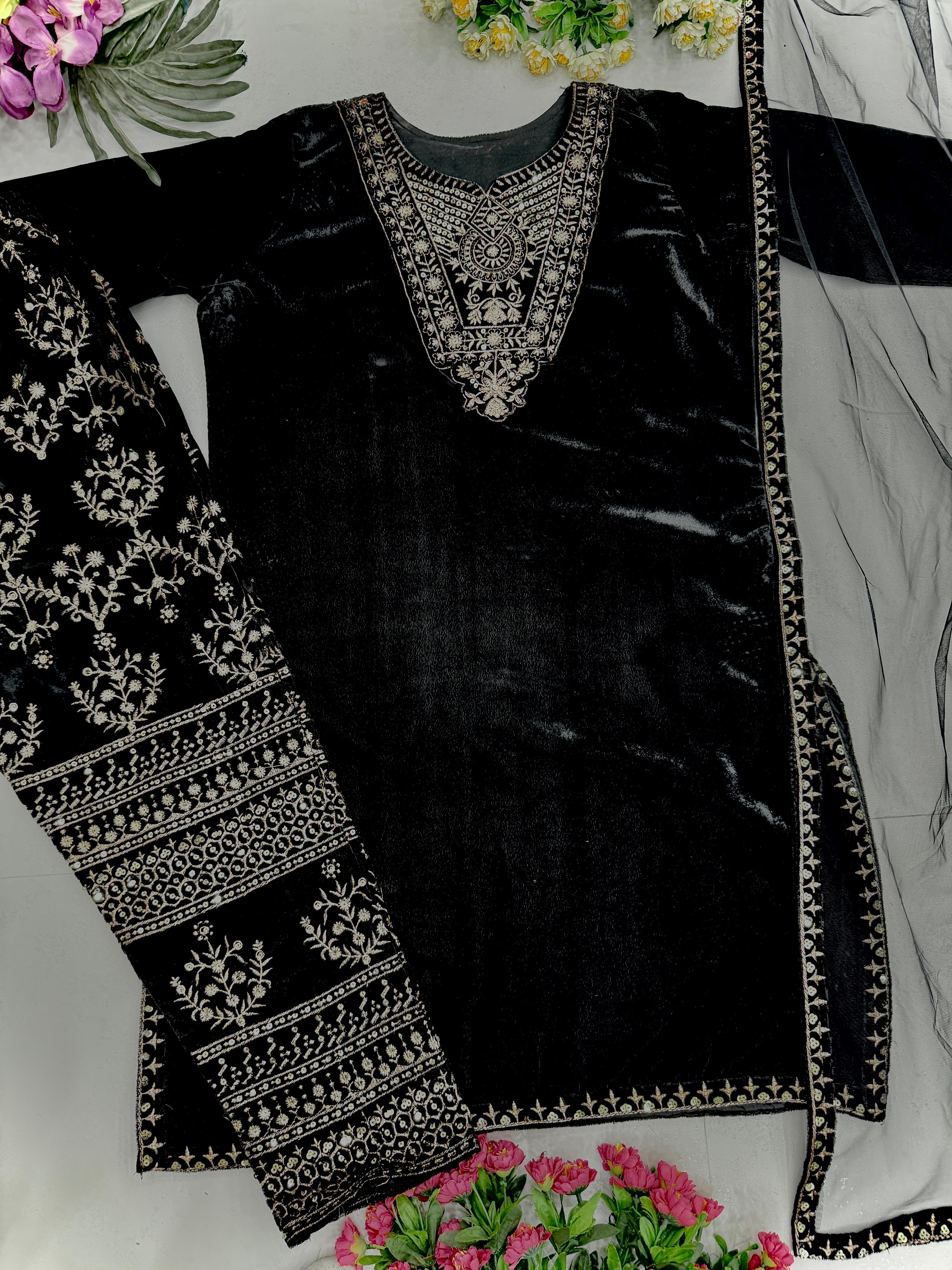 Alluring Black Color Heavy Viscose With Embroidery Sequence Work Beautiful Velvet Suit