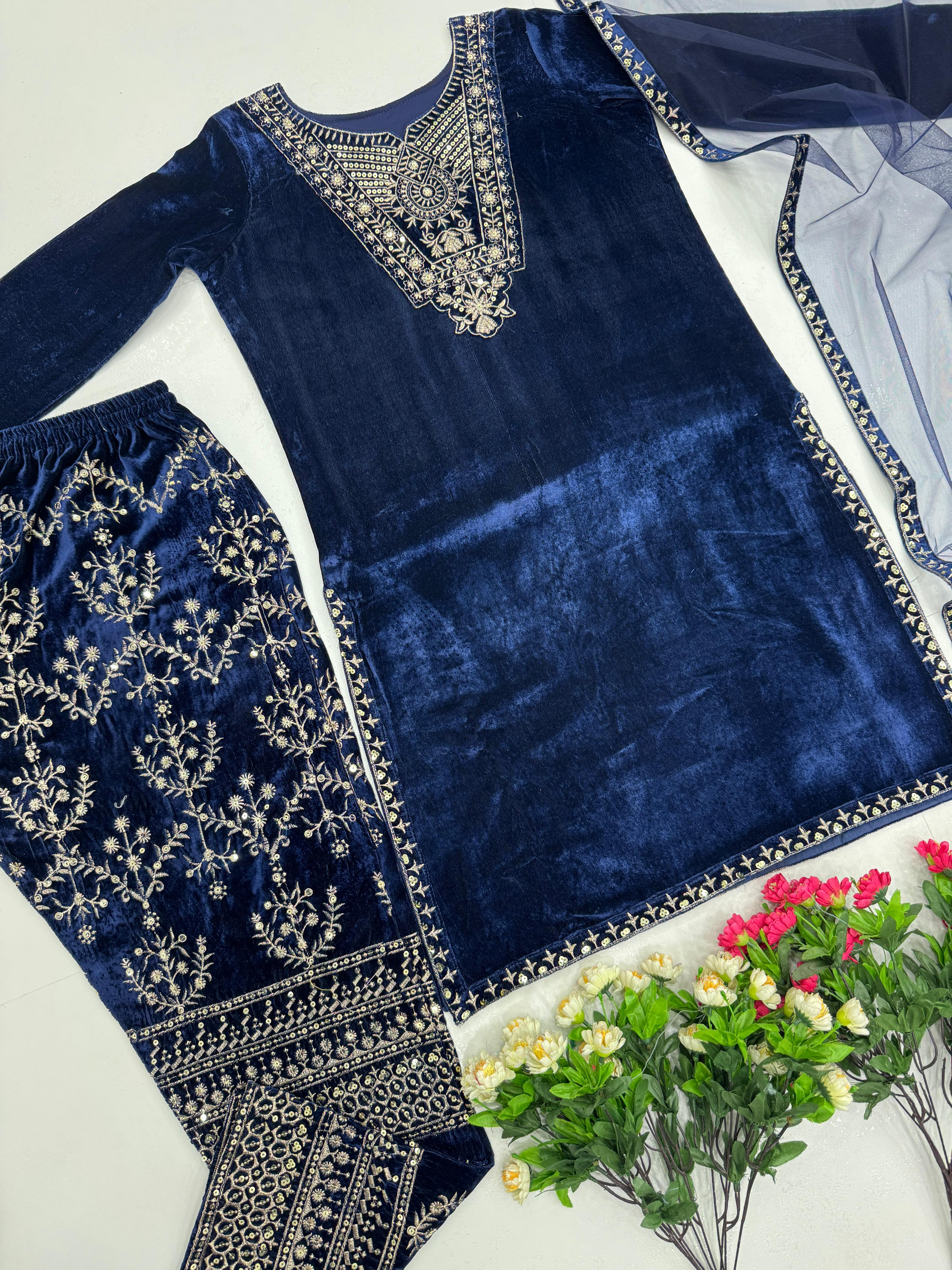 Alluring Navy Blue Color Heavy Viscose With Embroidery Sequence Work Beautiful Velvet Suit