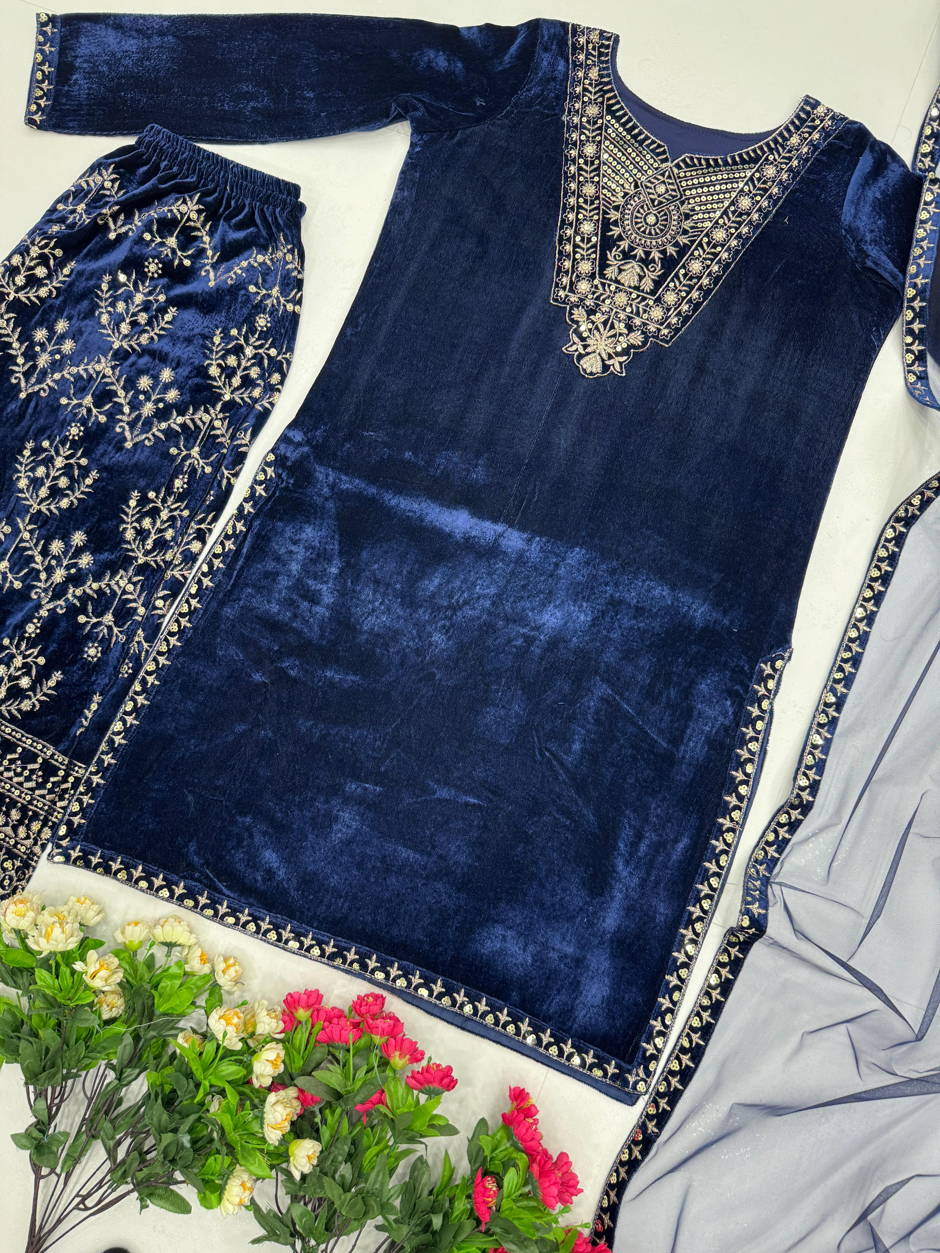 Alluring Navy Blue Color Heavy Viscose With Embroidery Sequence Work Beautiful Velvet Suit