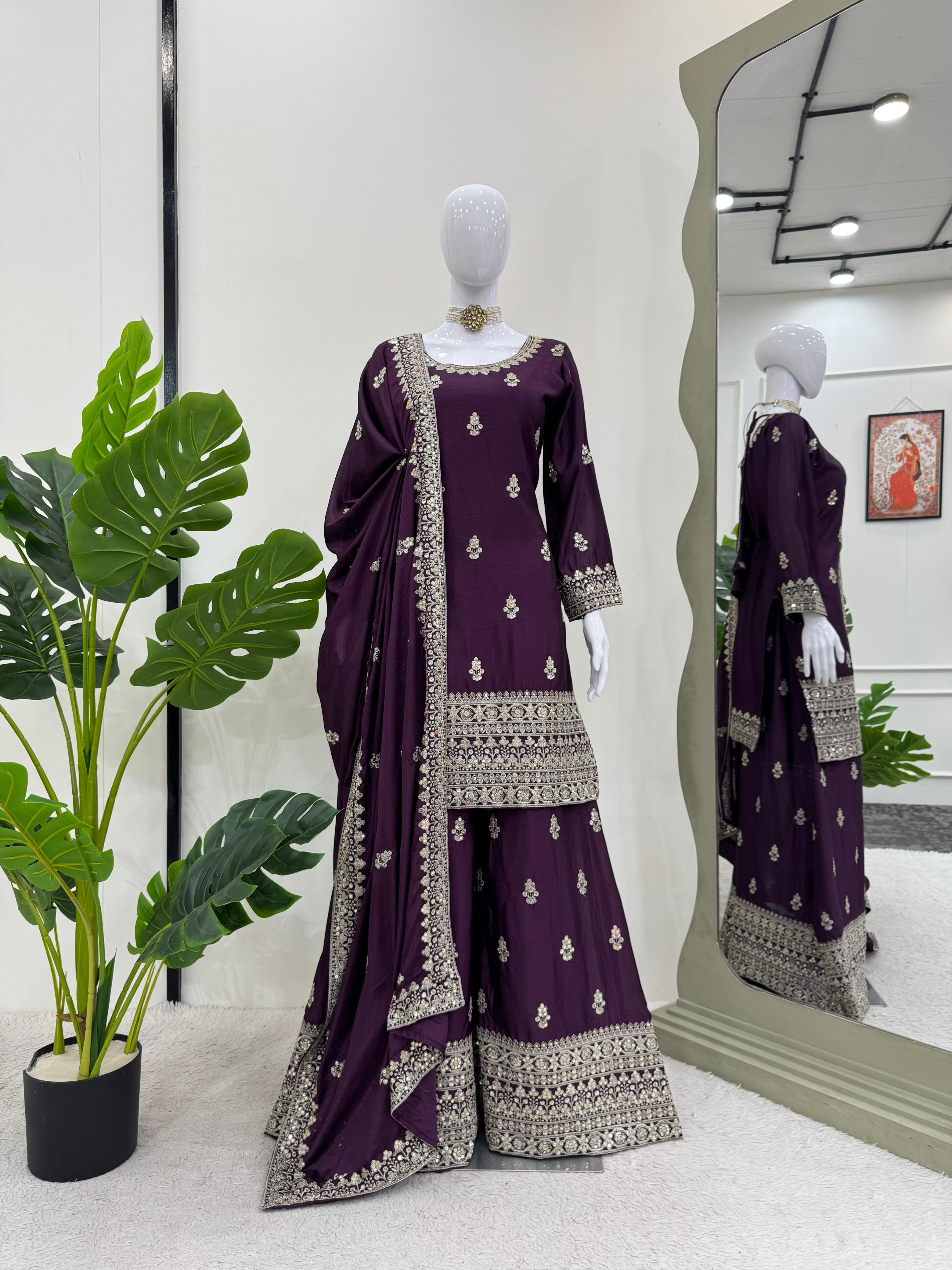 Beautiful Designer Purple Color Chinon Silk And Thread With Sequence Work Palazzo Suit