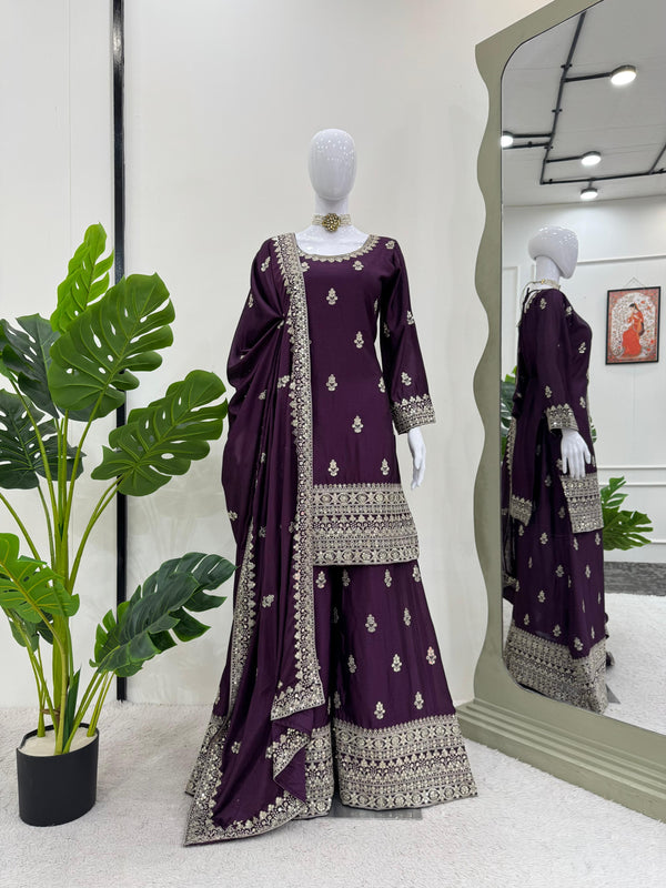 Beautiful Designer Purple Color Chinon Silk And Thread With Sequence Work Palazzo Suit
