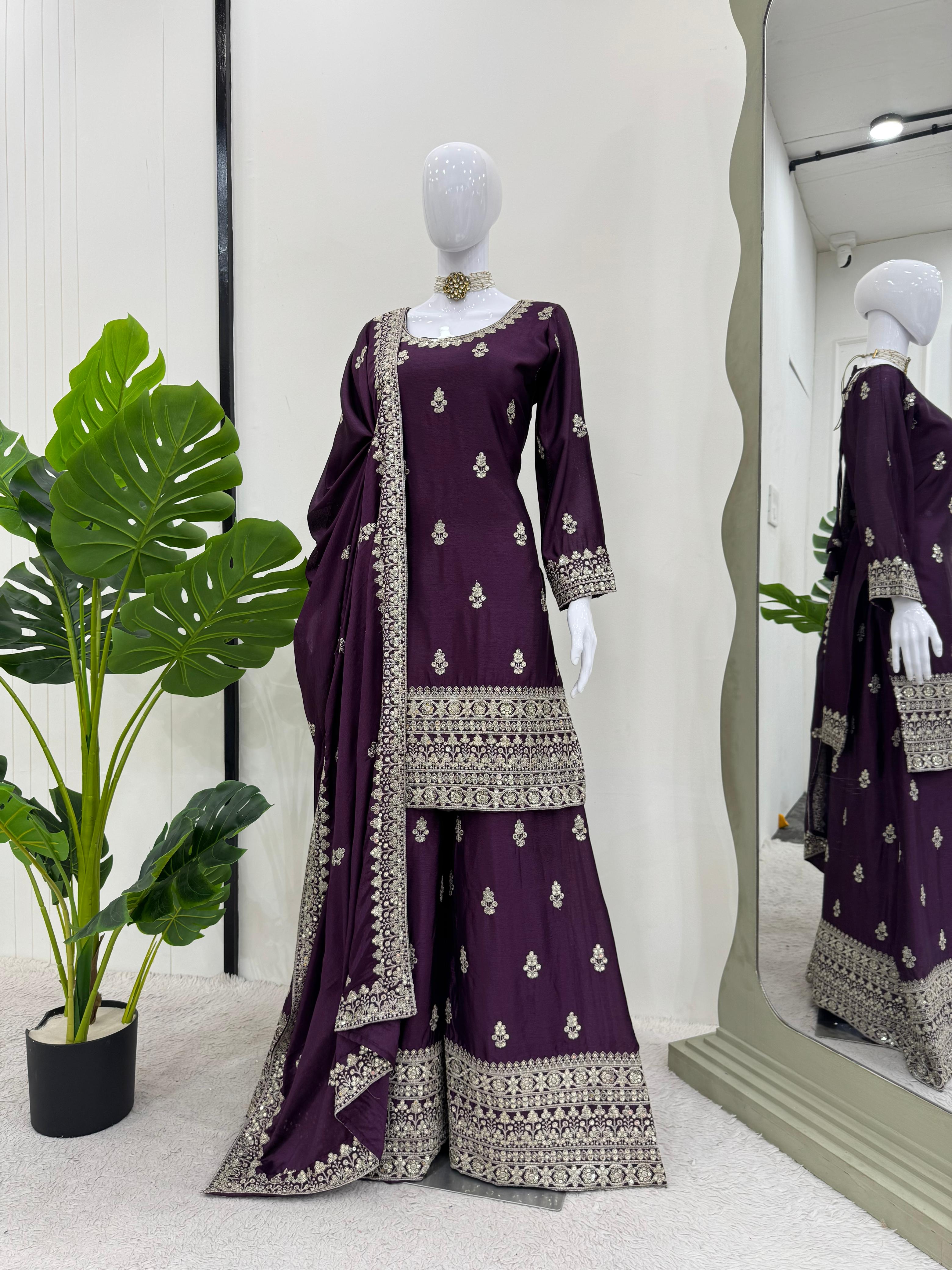 Beautiful Designer Purple Color Chinon Silk And Thread With Sequence Work Palazzo Suit