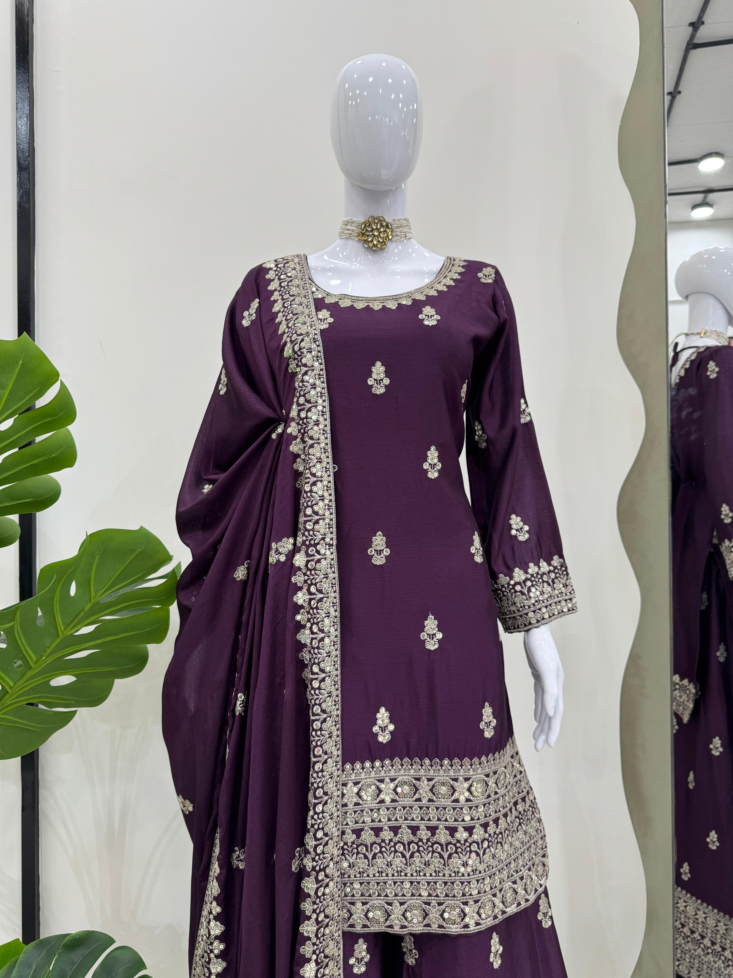 Beautiful Designer Purple Color Chinon Silk And Thread With Sequence Work Palazzo Suit
