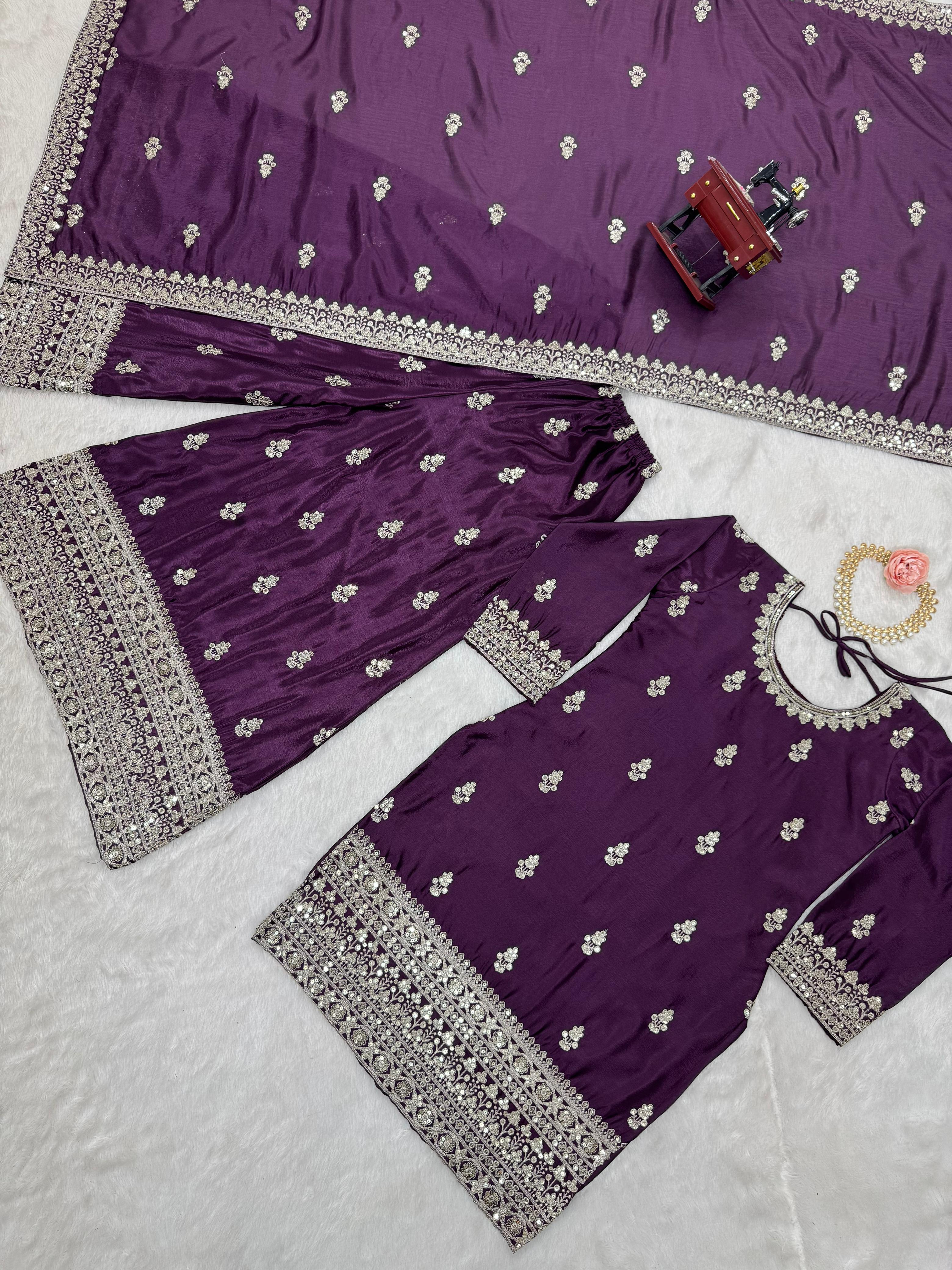 Beautiful Designer Purple Color Chinon Silk And Thread With Sequence Work Palazzo Suit