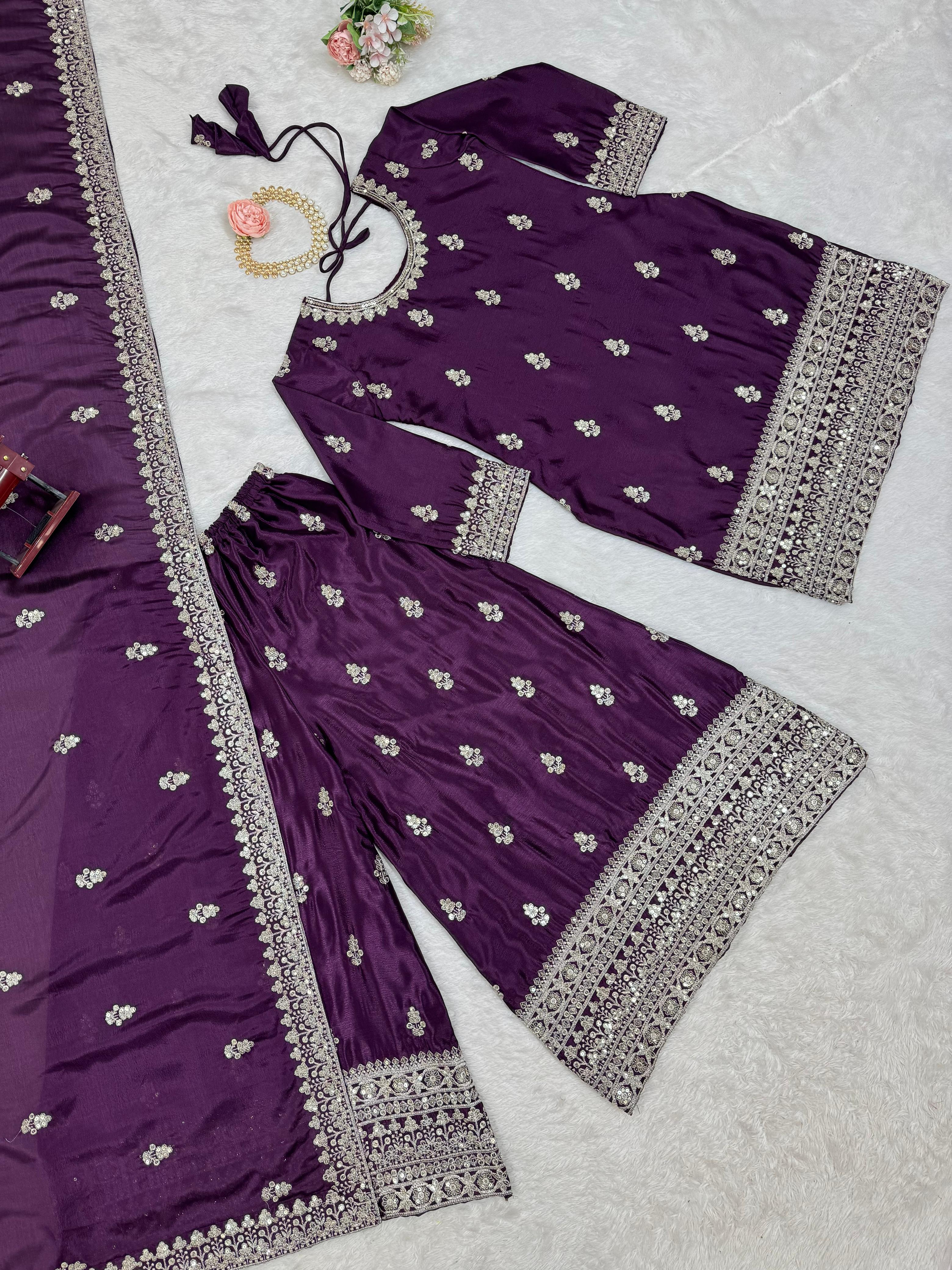 Beautiful Designer Purple Color Chinon Silk And Thread With Sequence Work Palazzo Suit