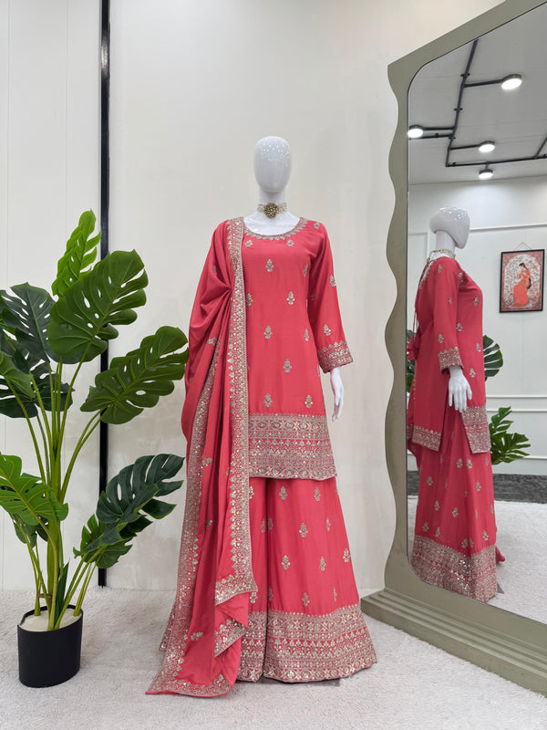Beautiful Designer Pink Color Chinon Silk And Thread With Sequence Work Palazzo Suit