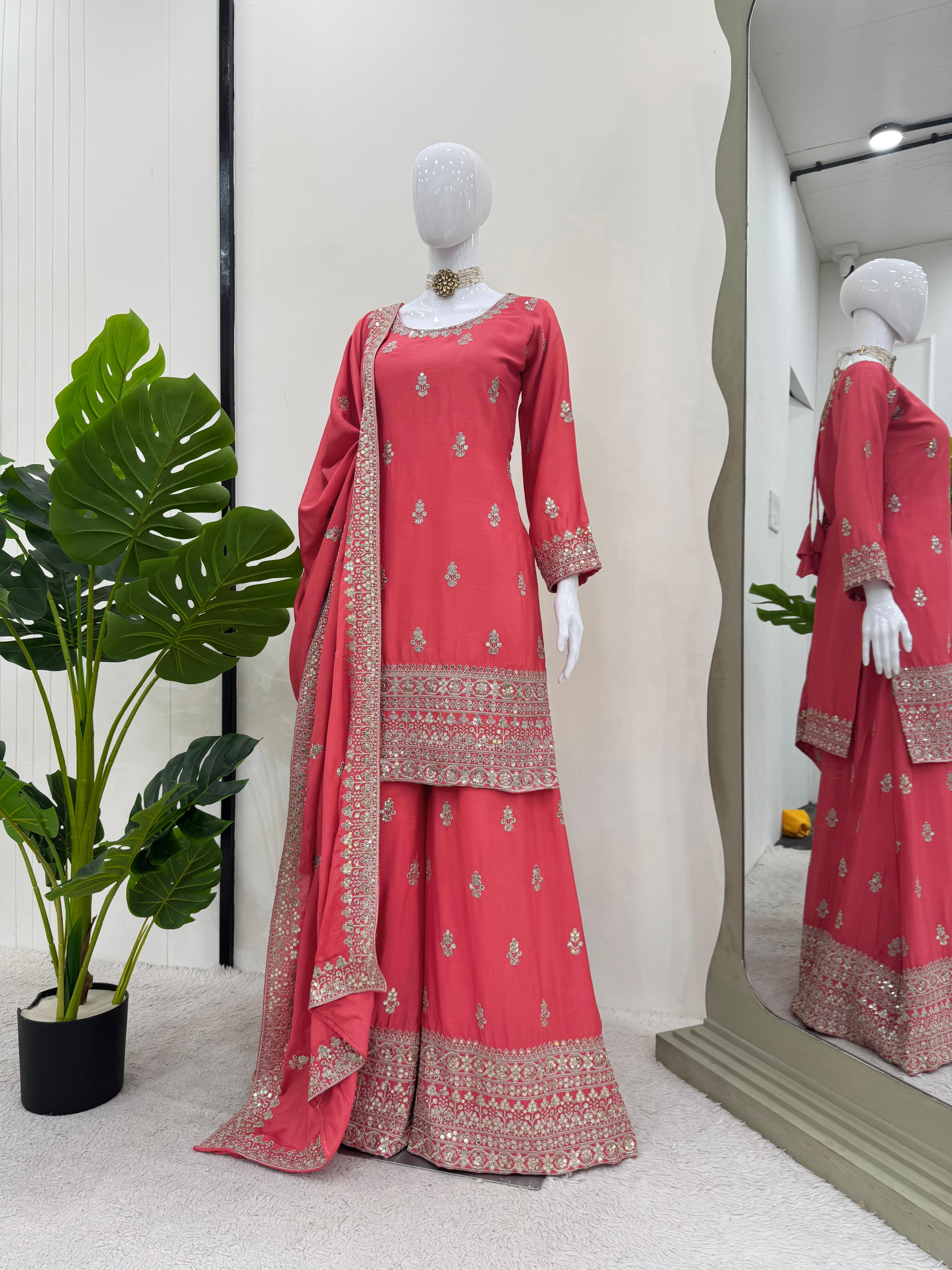 Beautiful Designer Pink Color Chinon Silk And Thread With Sequence Work Palazzo Suit