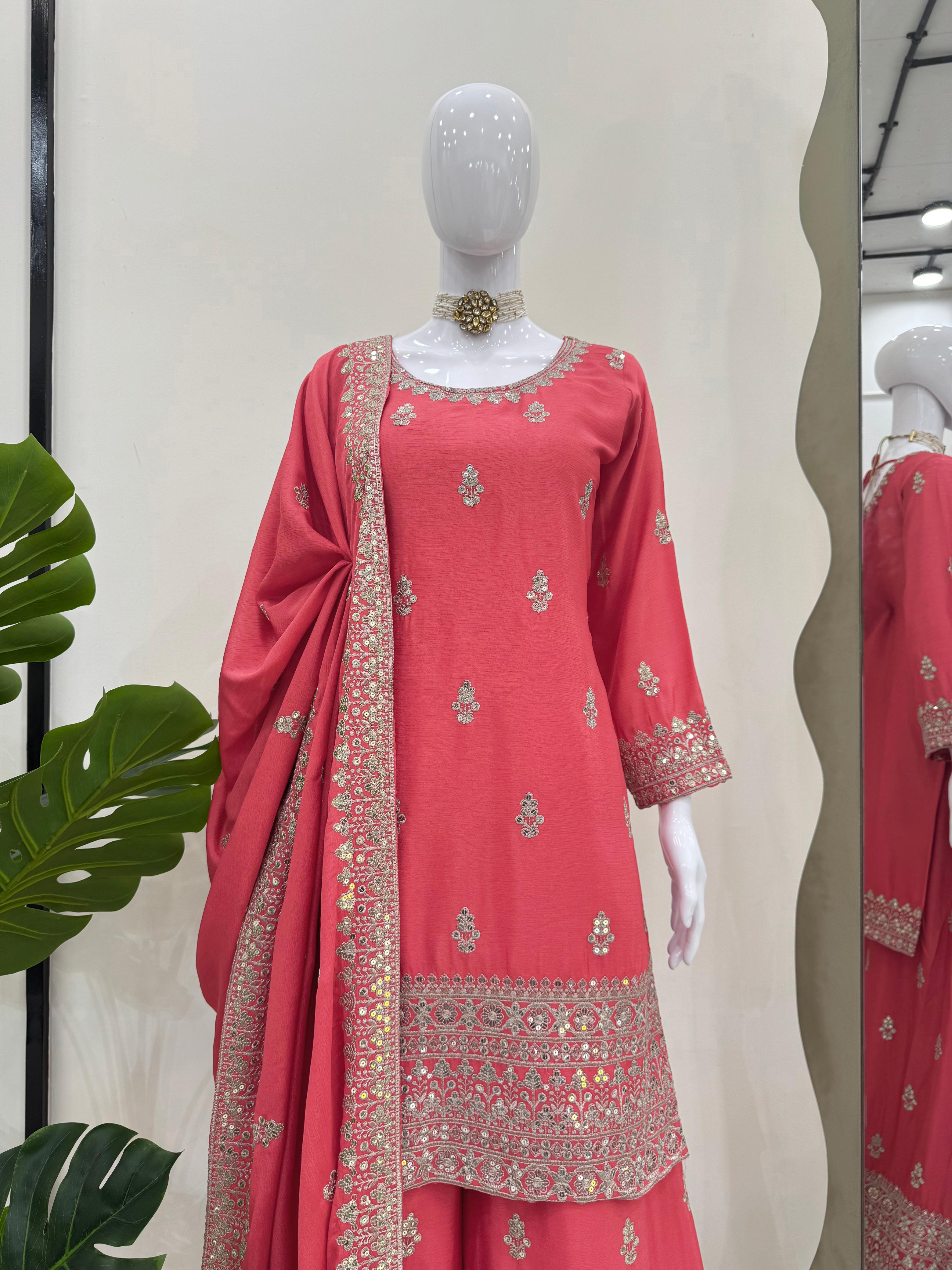 Beautiful Designer Pink Color Chinon Silk And Thread With Sequence Work Palazzo Suit