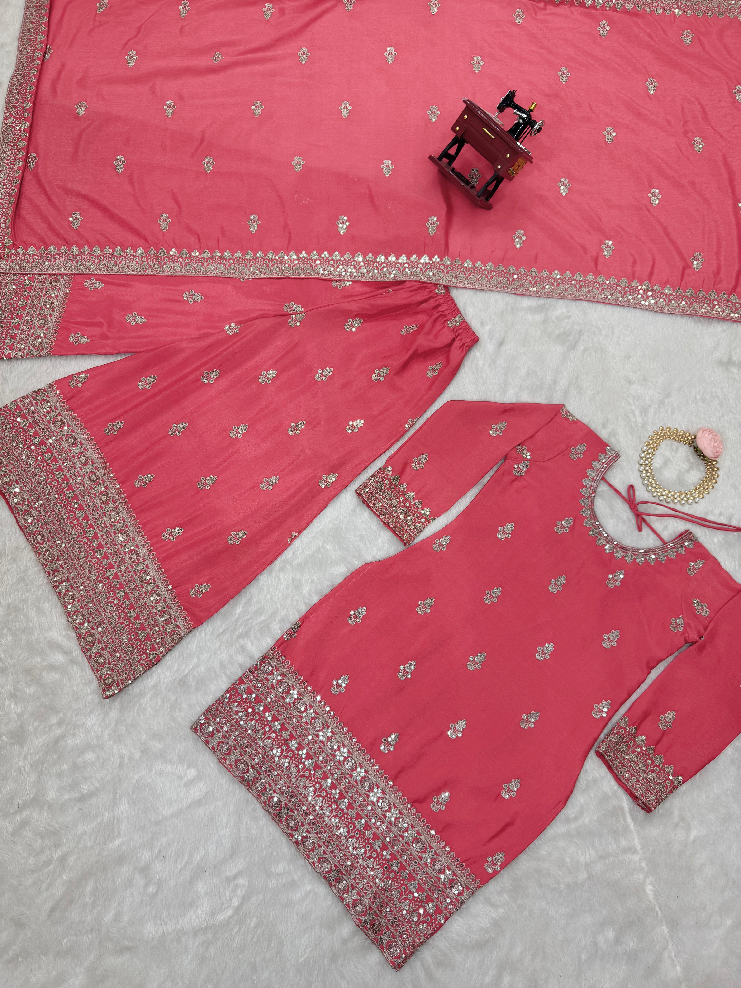 Beautiful Designer Pink Color Chinon Silk And Thread With Sequence Work Palazzo Suit