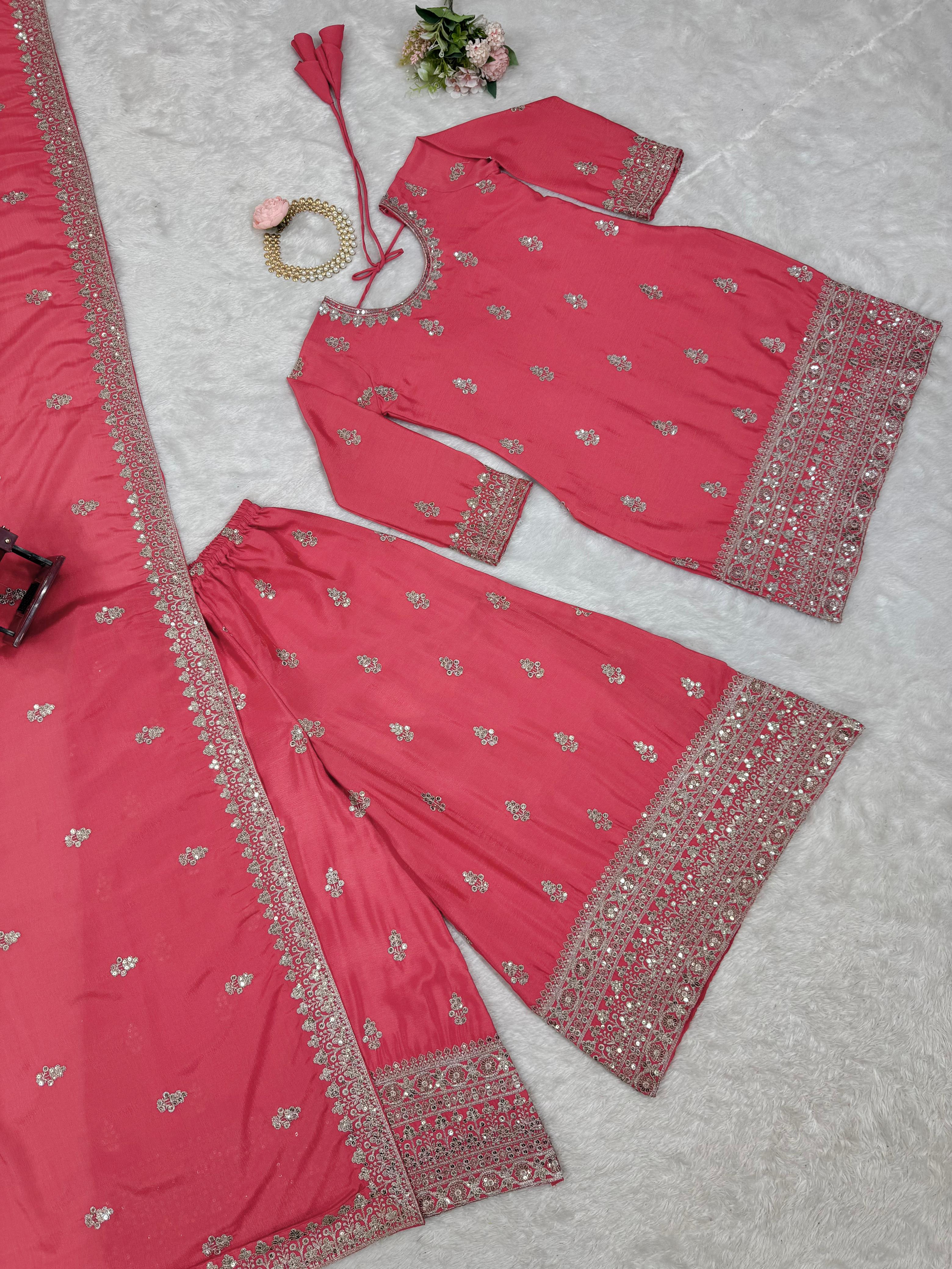 Beautiful Designer Pink Color Chinon Silk And Thread With Sequence Work Palazzo Suit