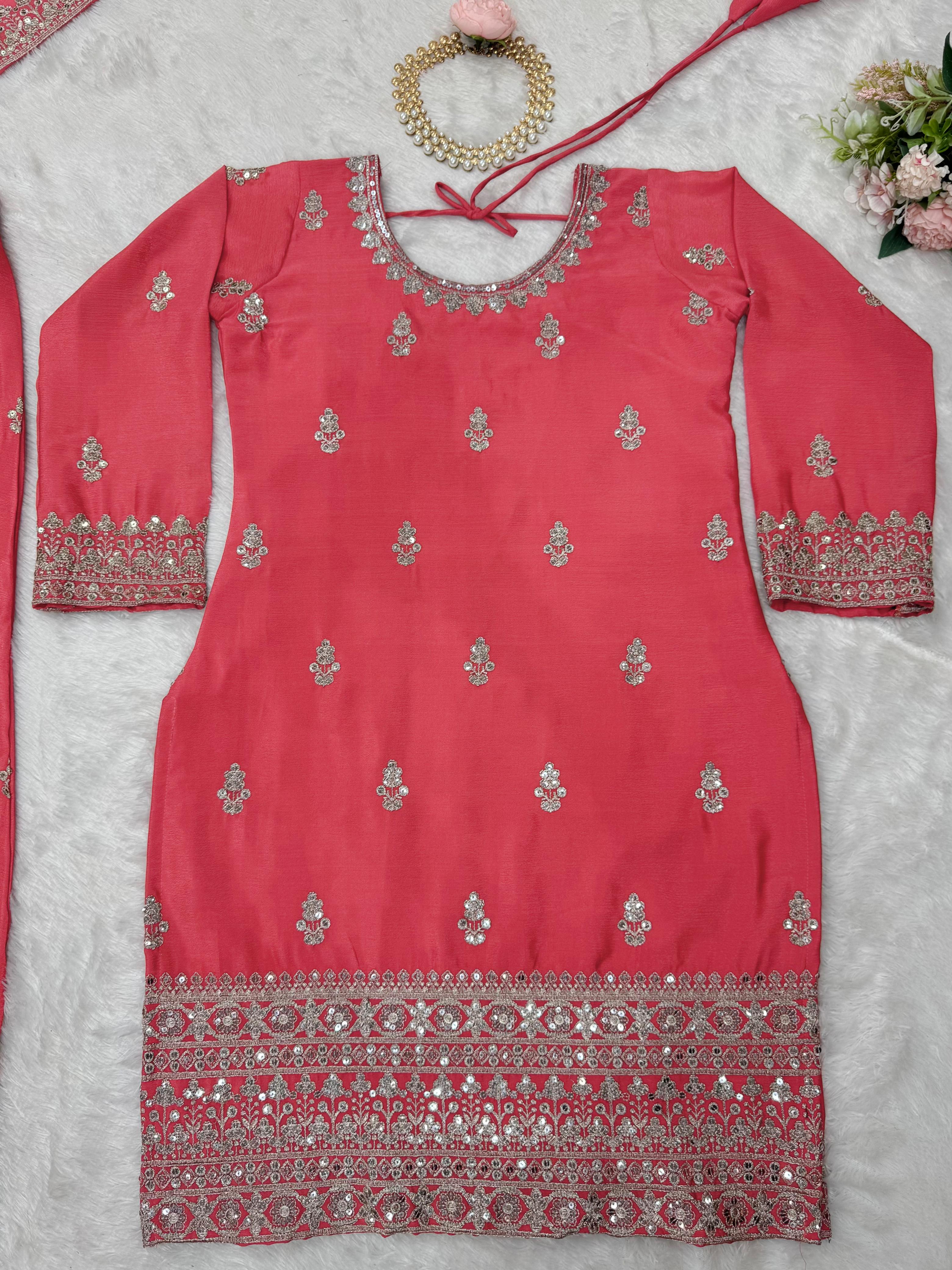Beautiful Designer Pink Color Chinon Silk And Thread With Sequence Work Palazzo Suit