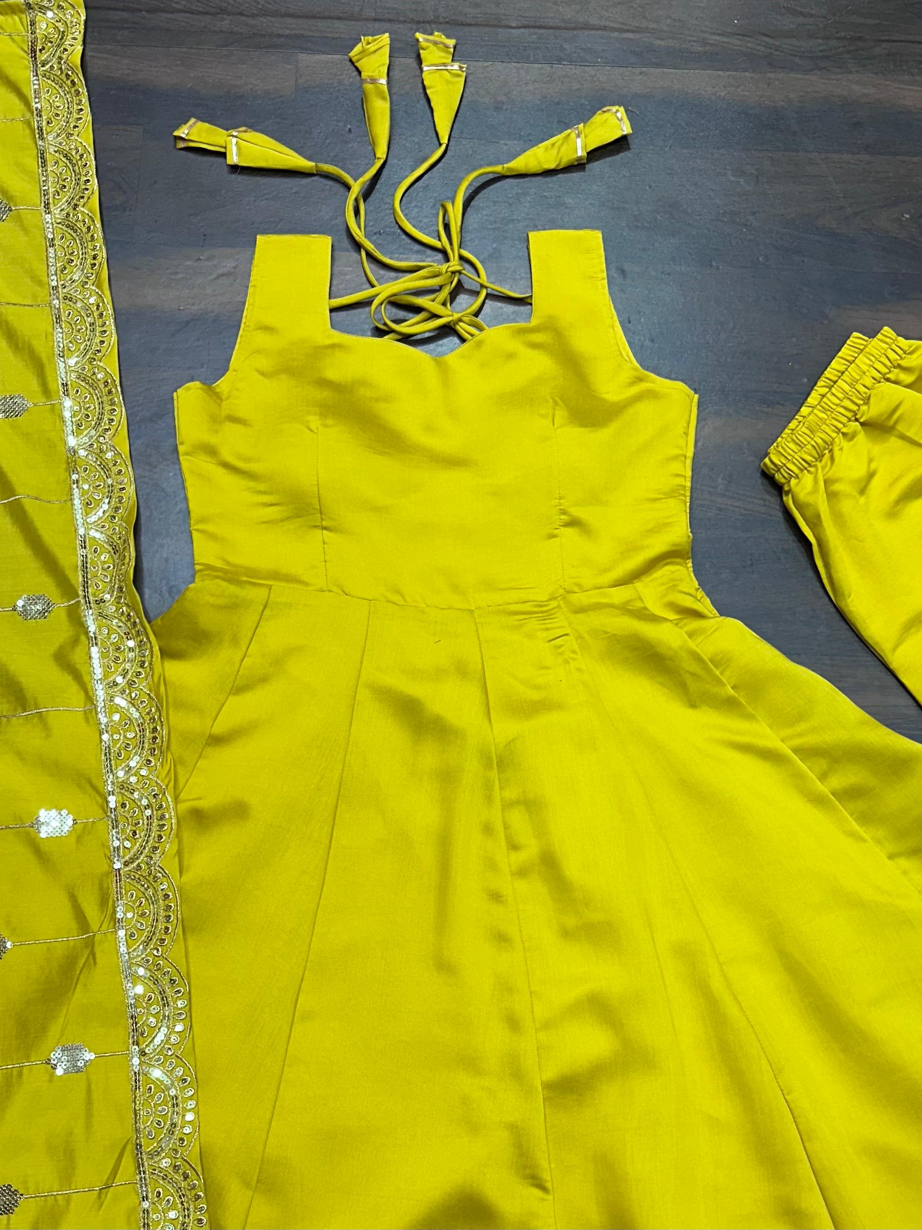 Reception Wear Lemon Yellow Color Roman Silk Fabric With Sequence Zari ...